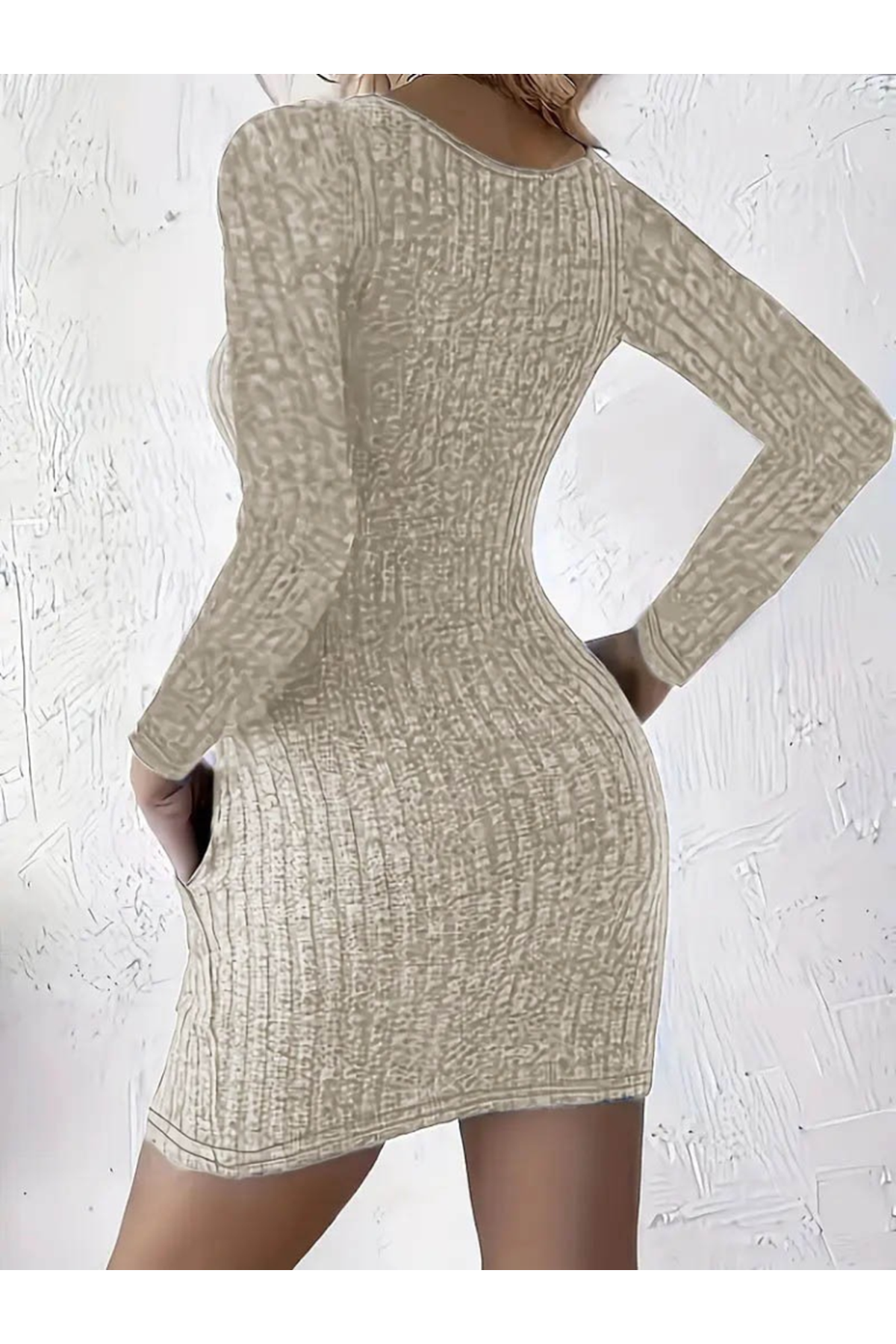 Kadın Uzun Kollu Yakası Açık Düğme Ve Cep Detaylı Kısa şardonlu Kaşkorse Elbise