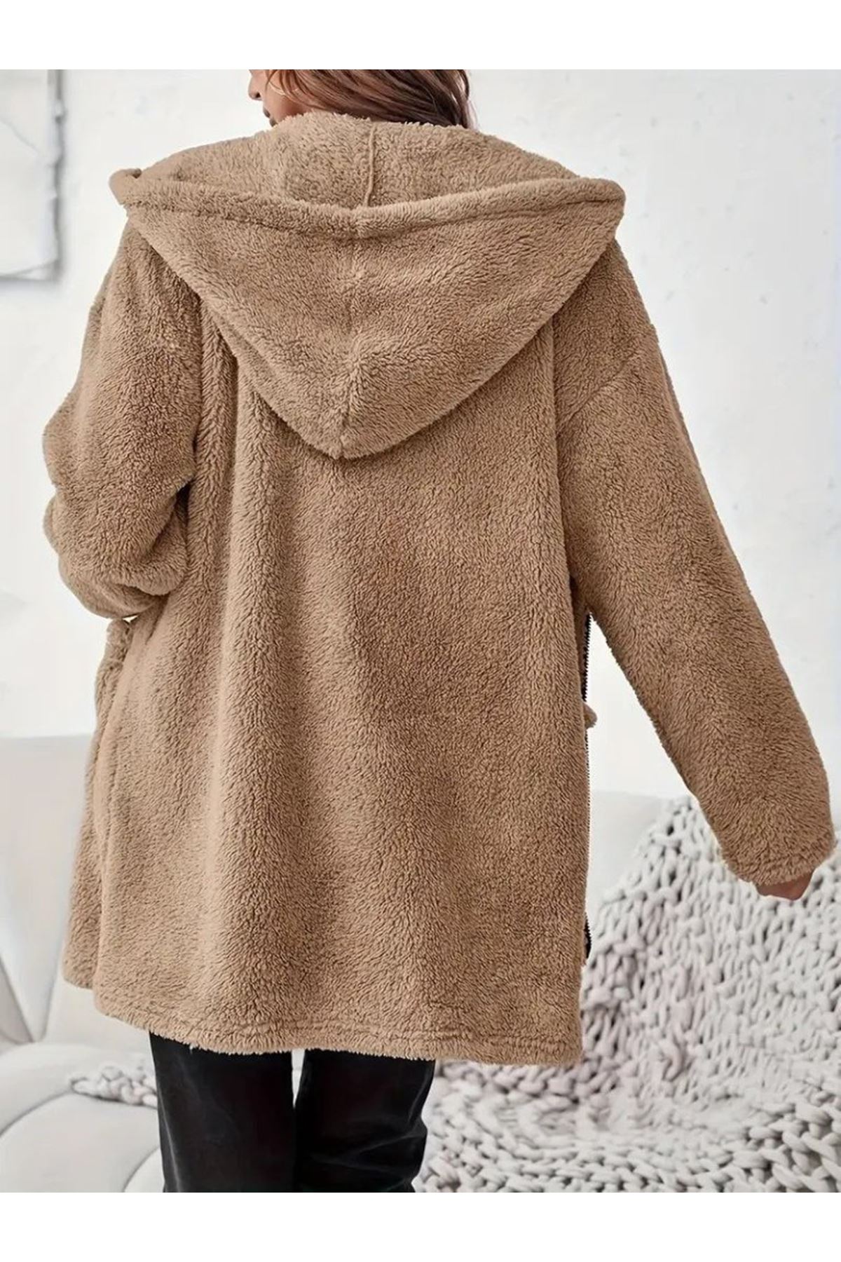 Kadın Uzun Kollu Kapşonlu önden Fermuarlı Cepli Welsoft Ceket