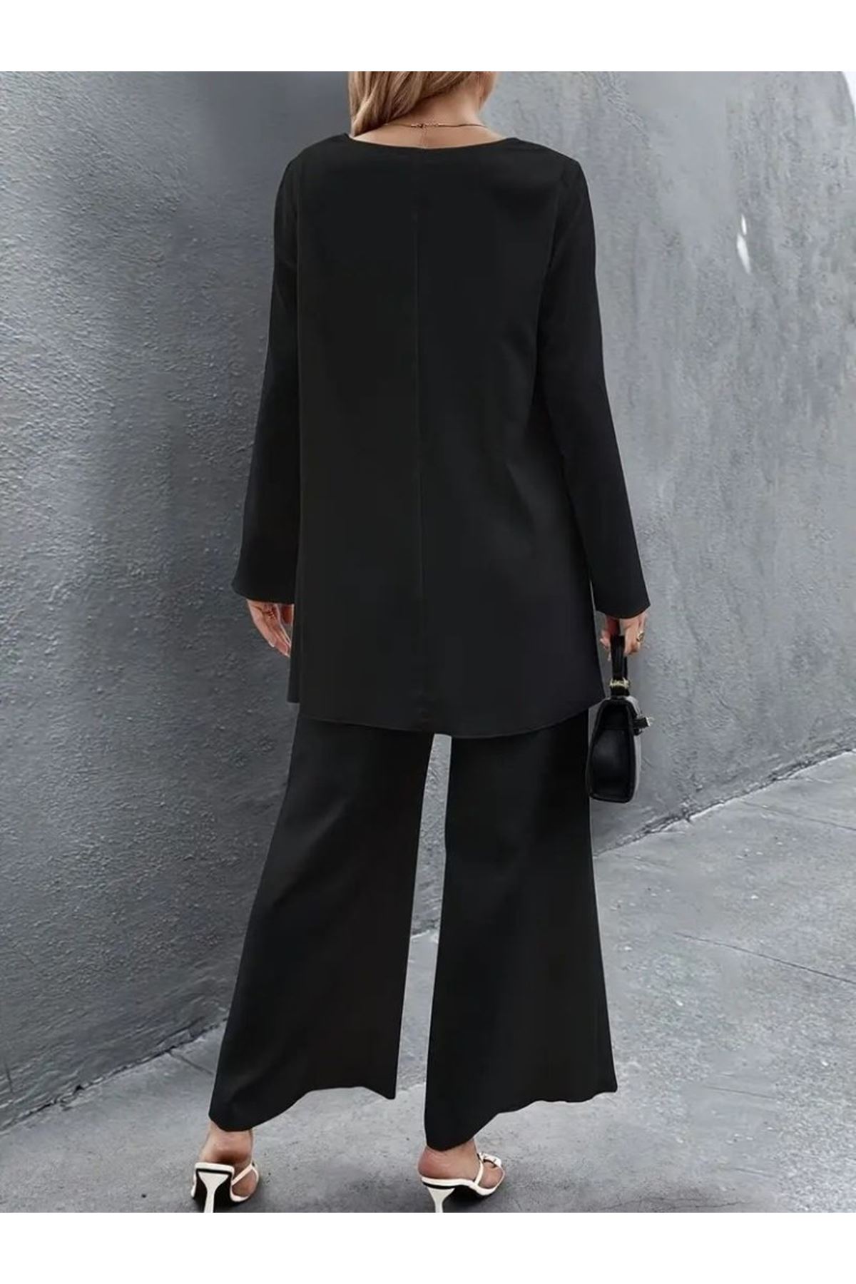Kadın Uzun Kollu Asimetrik Detaylı Salaş Sandy Bluz Ve Pantolon Ikili Takım