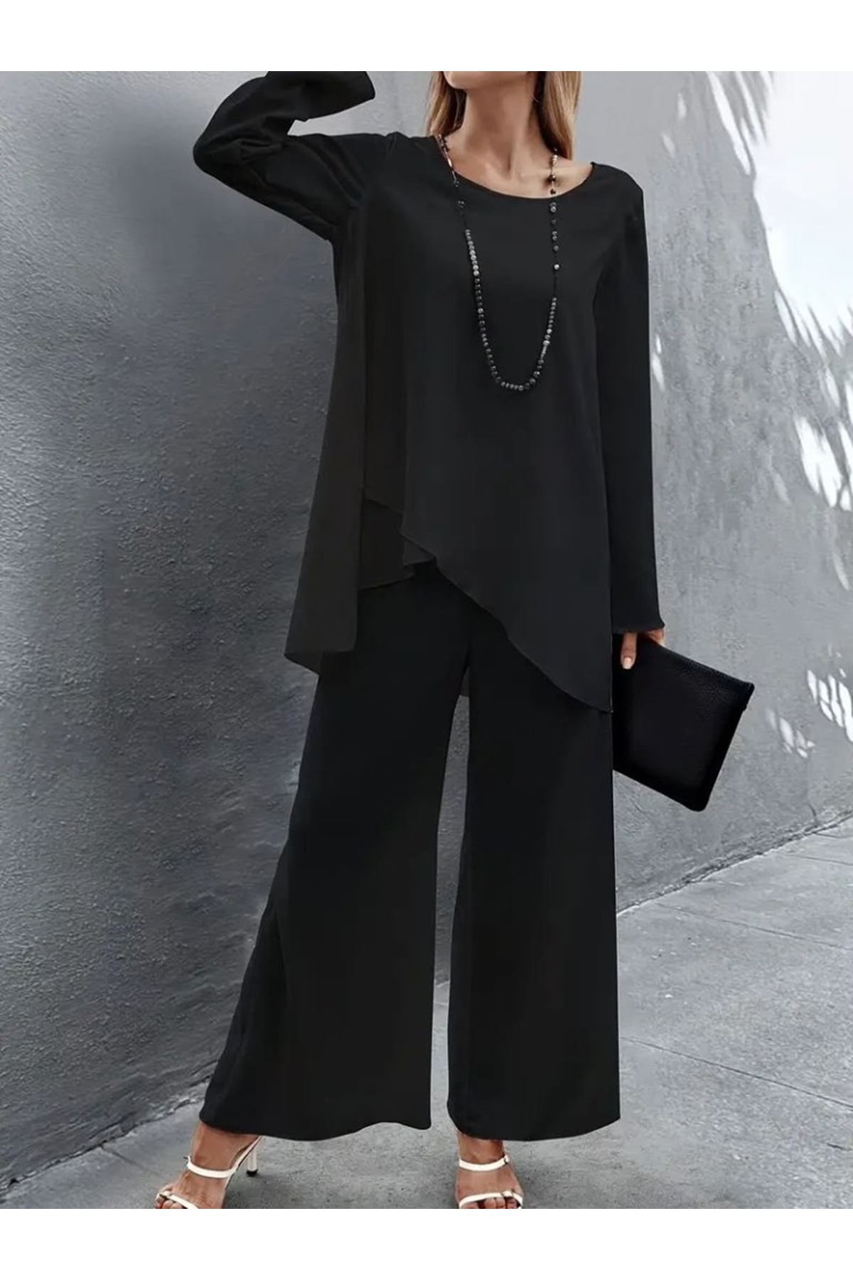Kadın Uzun Kollu Asimetrik Detaylı Salaş Sandy Bluz Ve Pantolon Ikili Takım