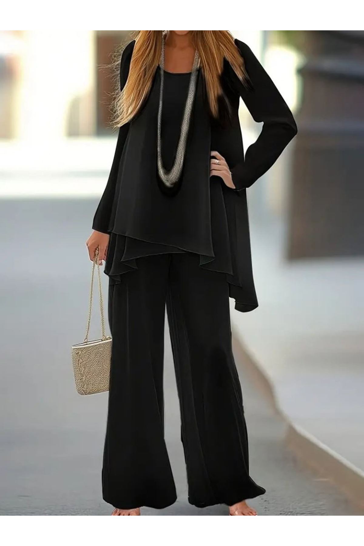Kadın Uzun Kollu Asimetrik Detaylı Salaş Sandy Bluz Ve Pantolon Ikili Takım