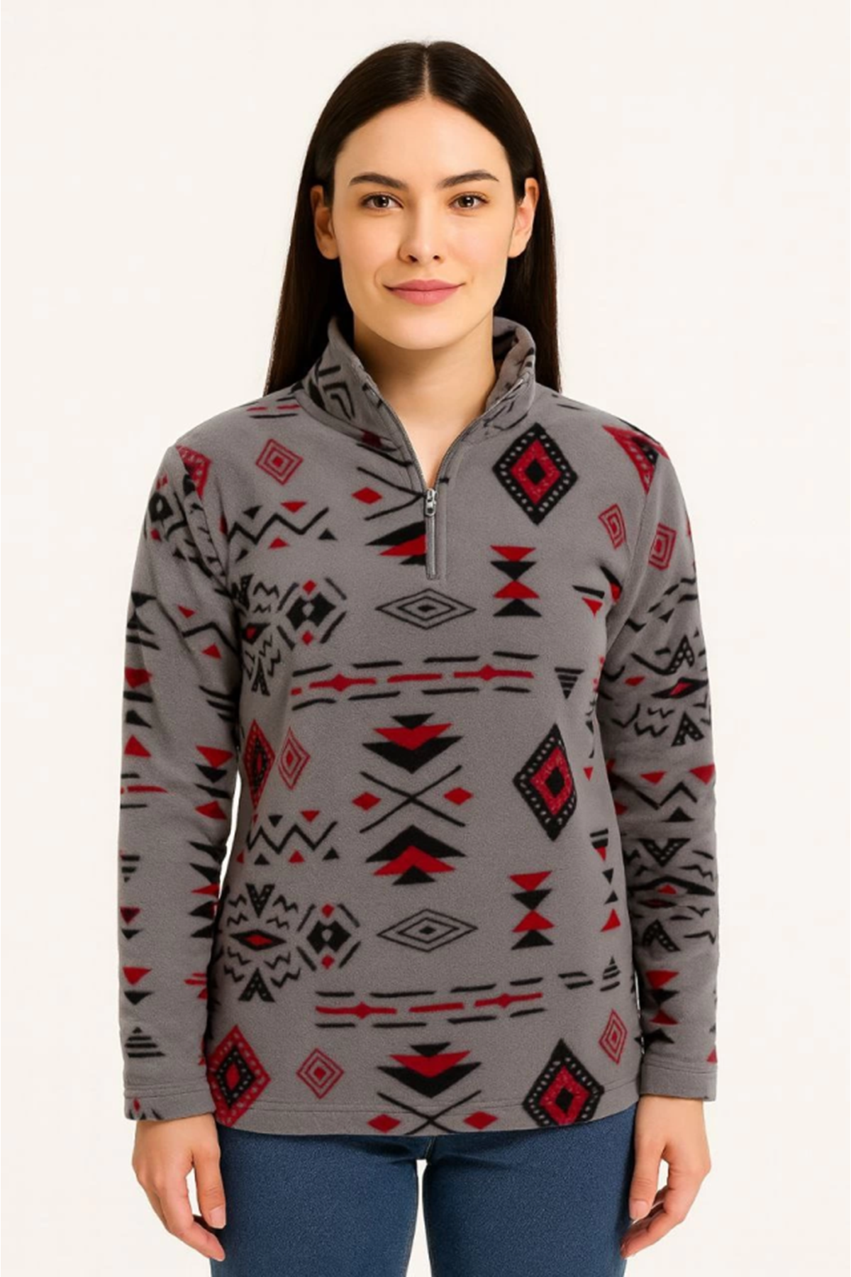 Yarım Fermuarlı Desenli Polar Sweat Tribal Etnik Desen Yakalı, Uzun Kollu, Oversize Rahat Kalıp - Füme