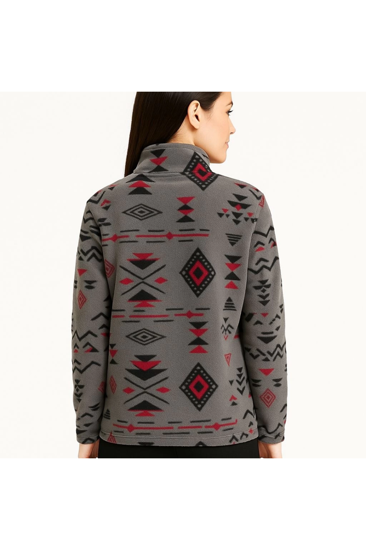 Yarım Fermuarlı Desenli Polar Sweat Tribal Etnik Desen Yakalı, Uzun Kollu, Oversize Rahat Kalıp - Füme