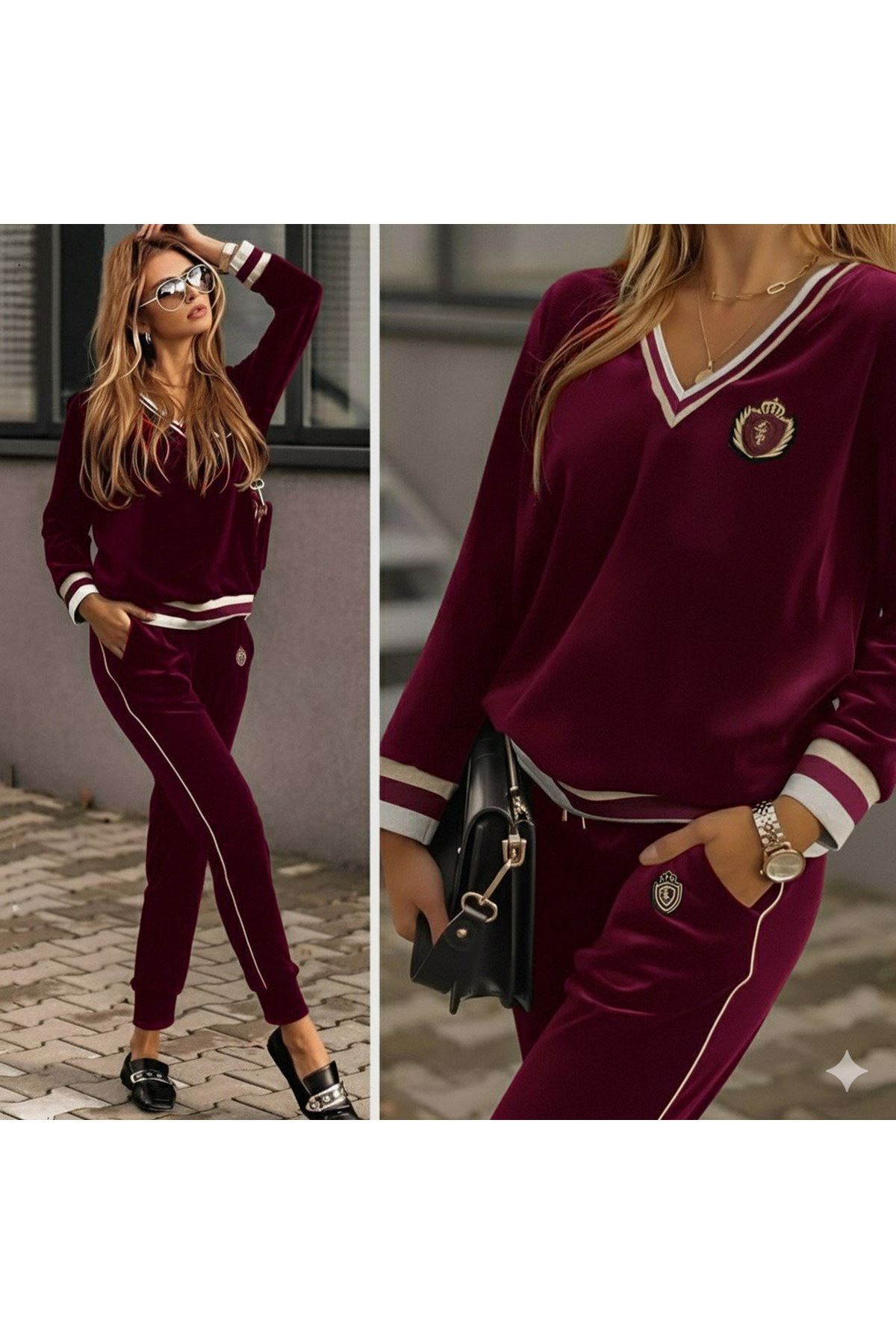 Kadın Uzun Kollu V Yaka Yakası Ve Kol Ağzı şerit Detay Kadife Takım