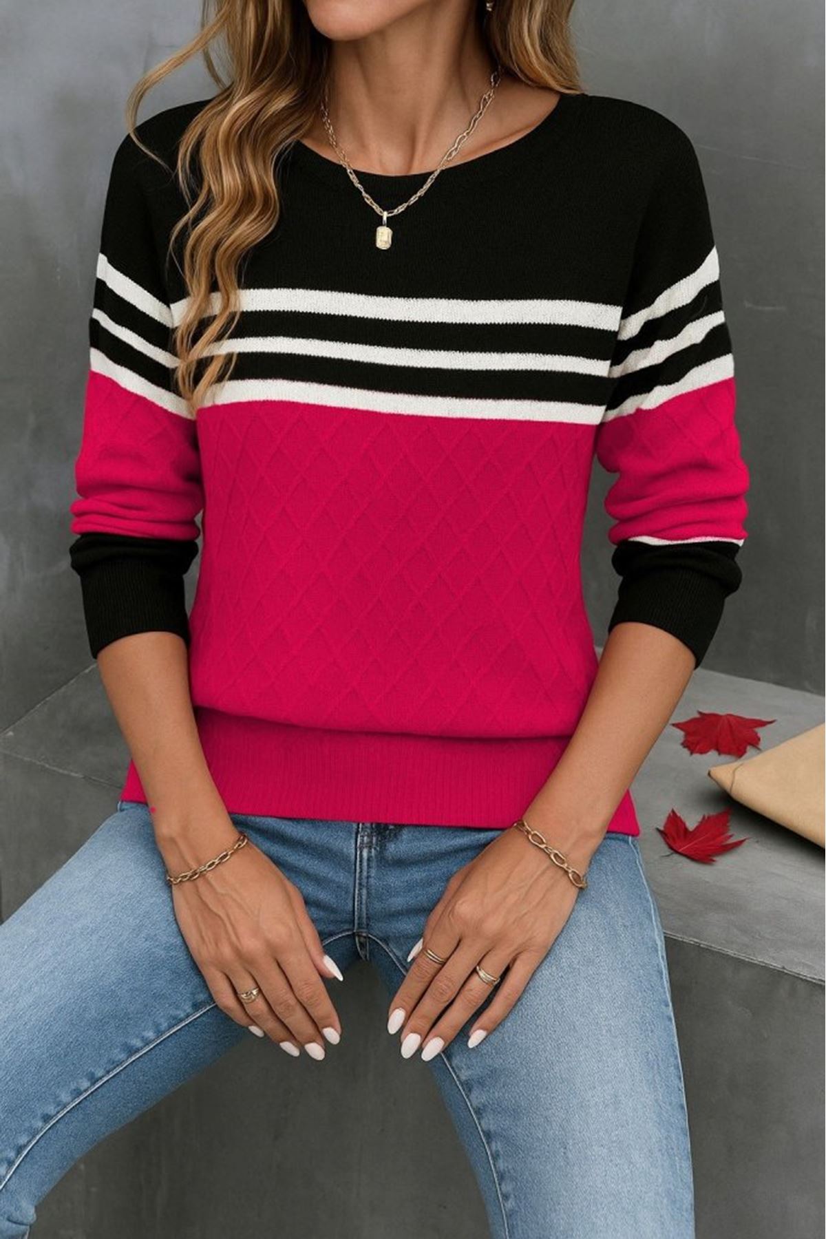 Kadın Uzun Kollu Bisiklet Yaka çok Renkli Triko Bluz