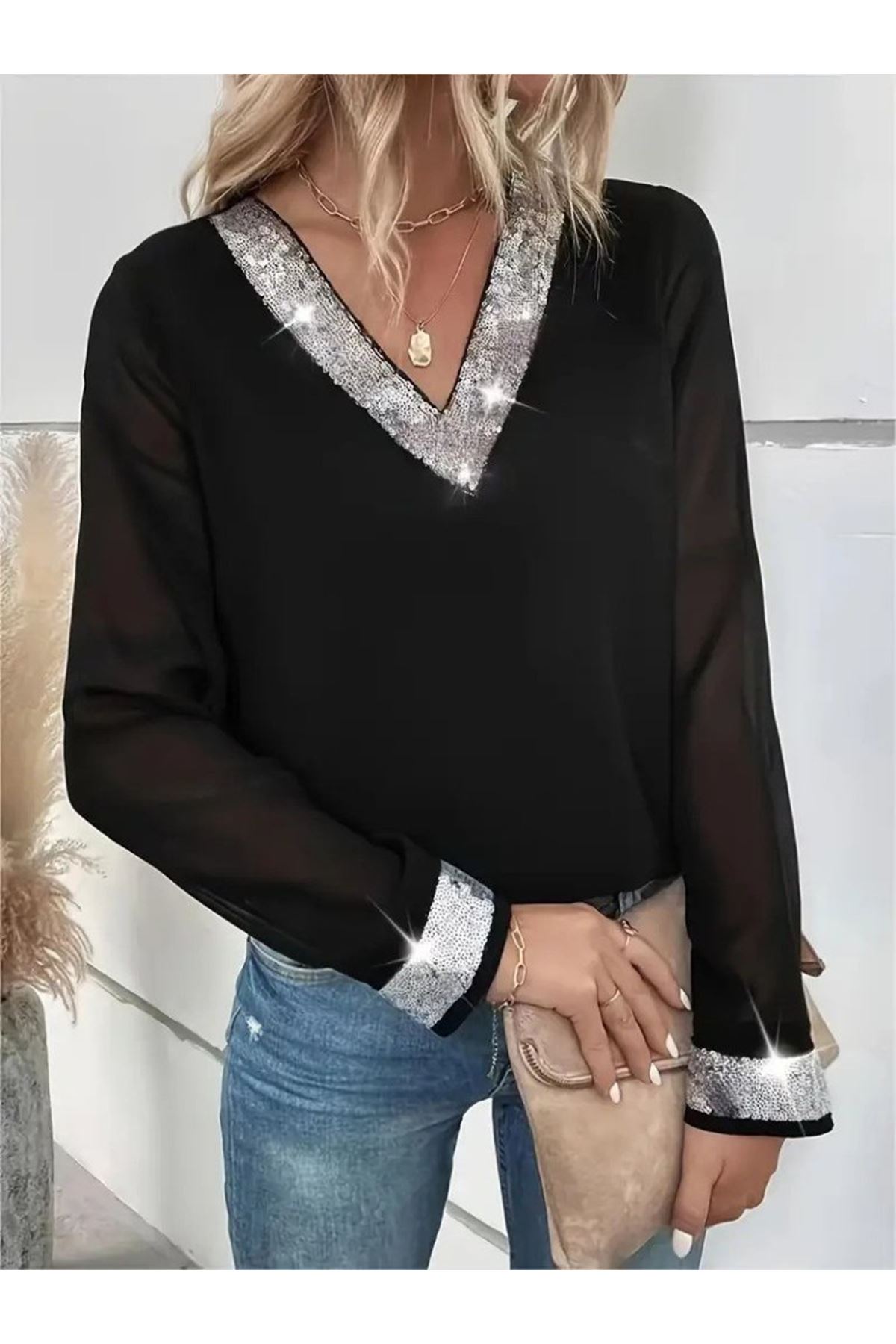 Kadın Uzun Kollu V Pulpayet Yakalı Ithal Krep Bluz