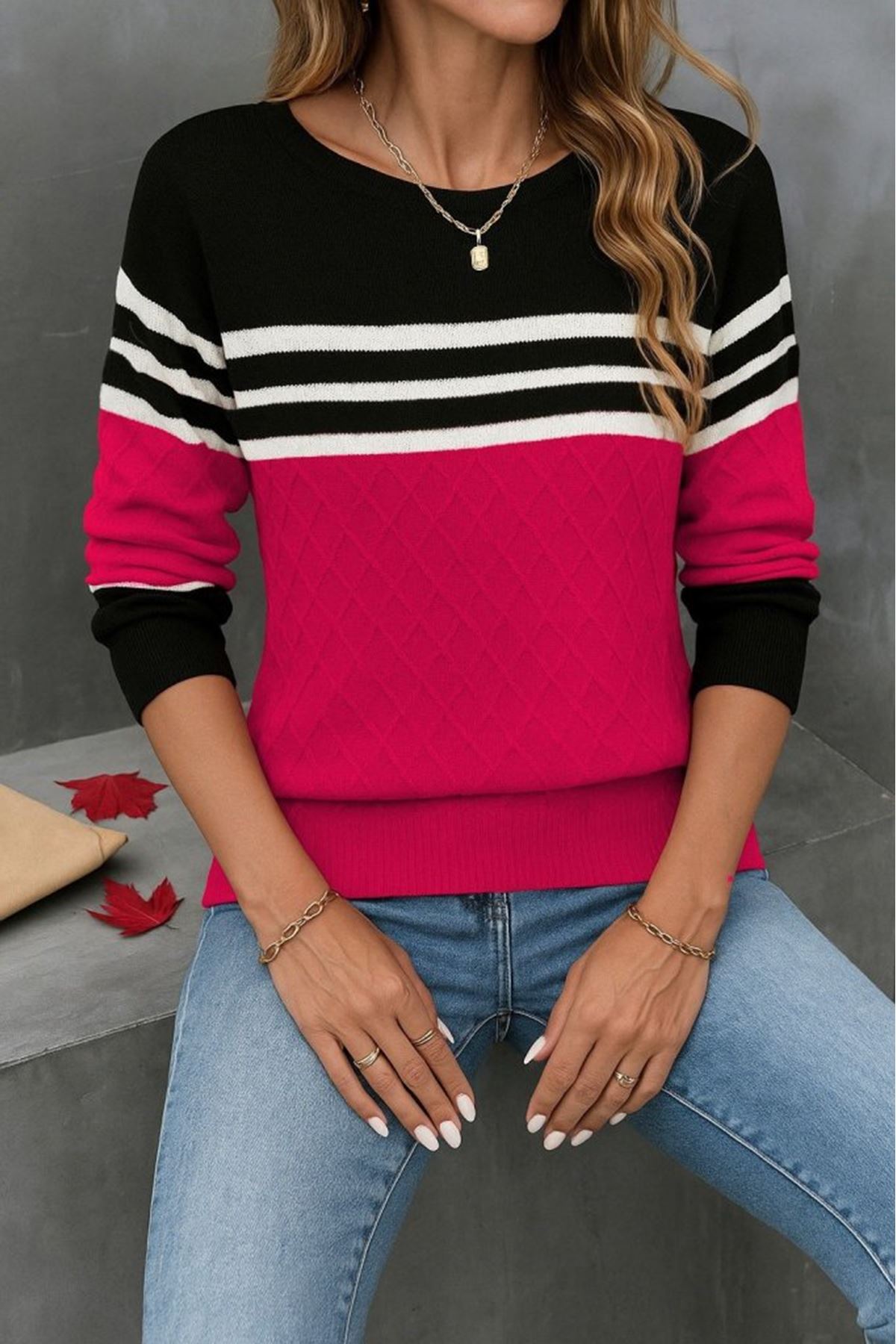 Kadın Uzun Kollu Bisiklet Yaka çok Renkli Triko Bluz