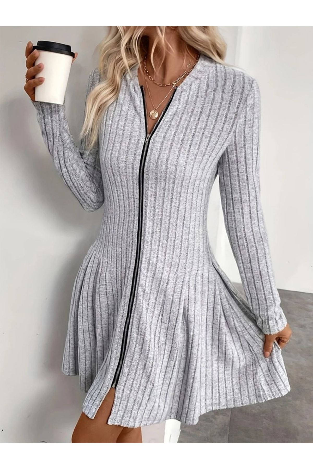 Kadın Uzun Kollu önden Fermuarlı Pileli şardonlu Kaşkorse Mini Elbise