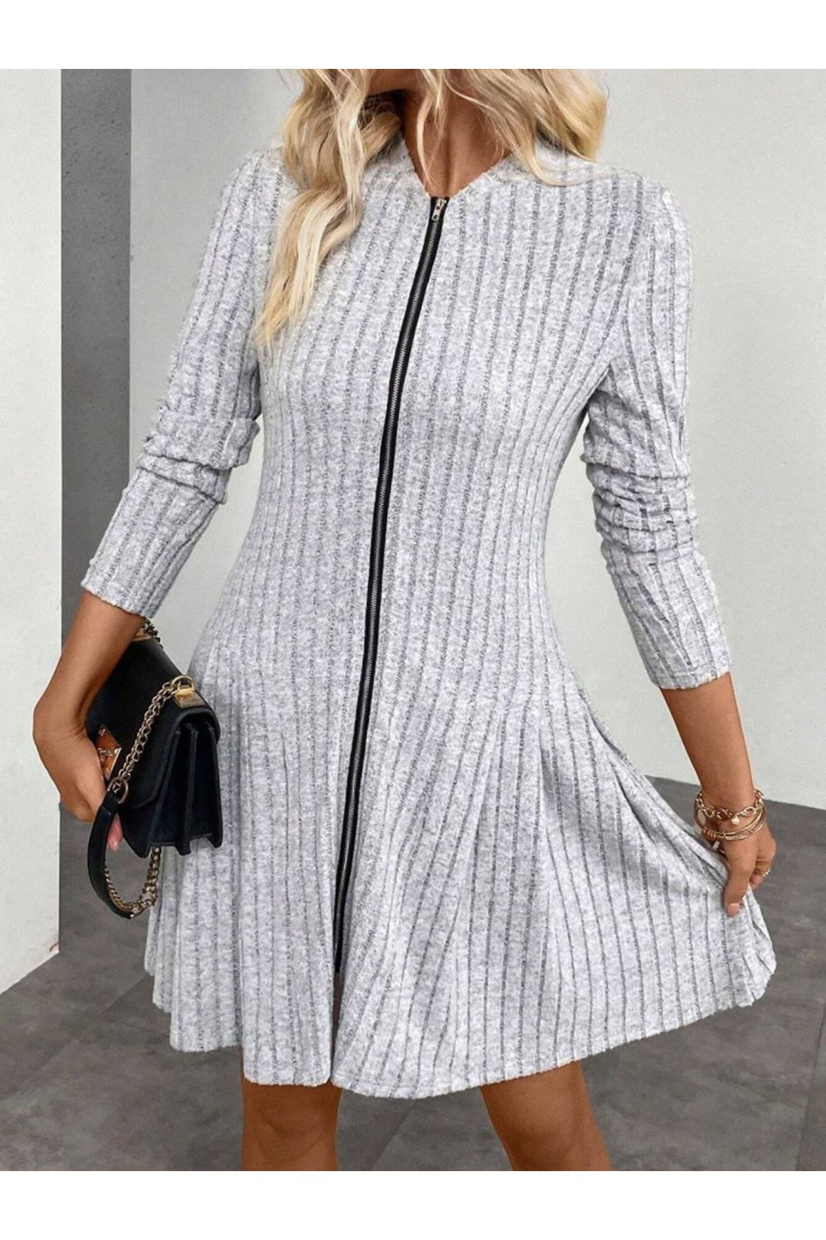 Kadın Uzun Kollu önden Fermuarlı Pileli şardonlu Kaşkorse Mini Elbise