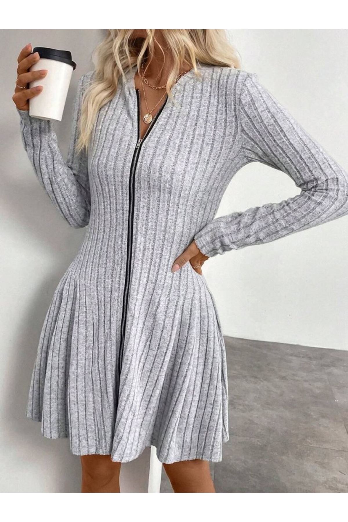 Kadın Uzun Kollu önden Fermuarlı Pileli şardonlu Kaşkorse Mini Elbise