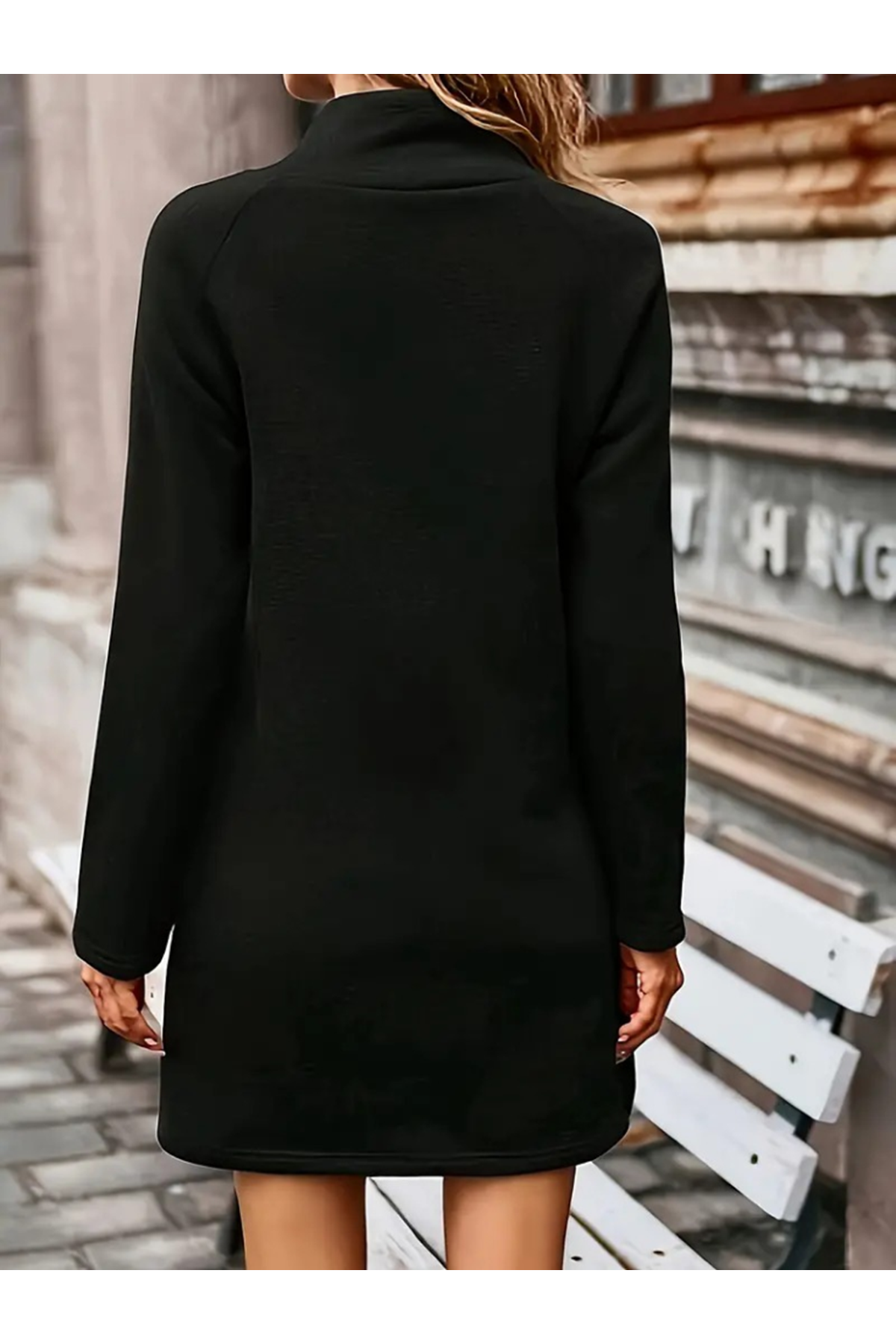 Kadın Uzun Kollu Balıkçı Yaka Düğme Detaylı Kısa şardonlu Dalgıç Elbise