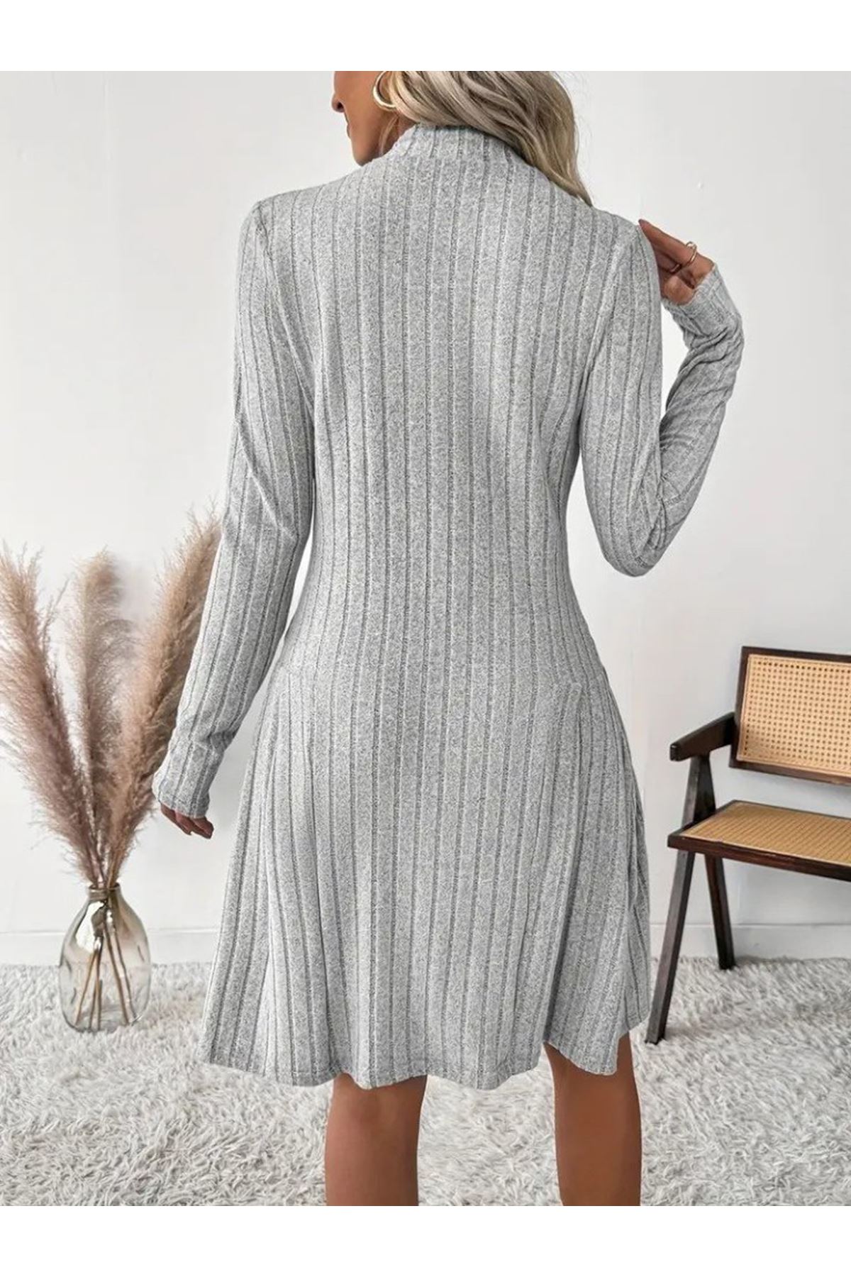 Kadın Uzun Kollu önden Fermuarlı Pileli şardonlu Kaşkorse Mini Elbise