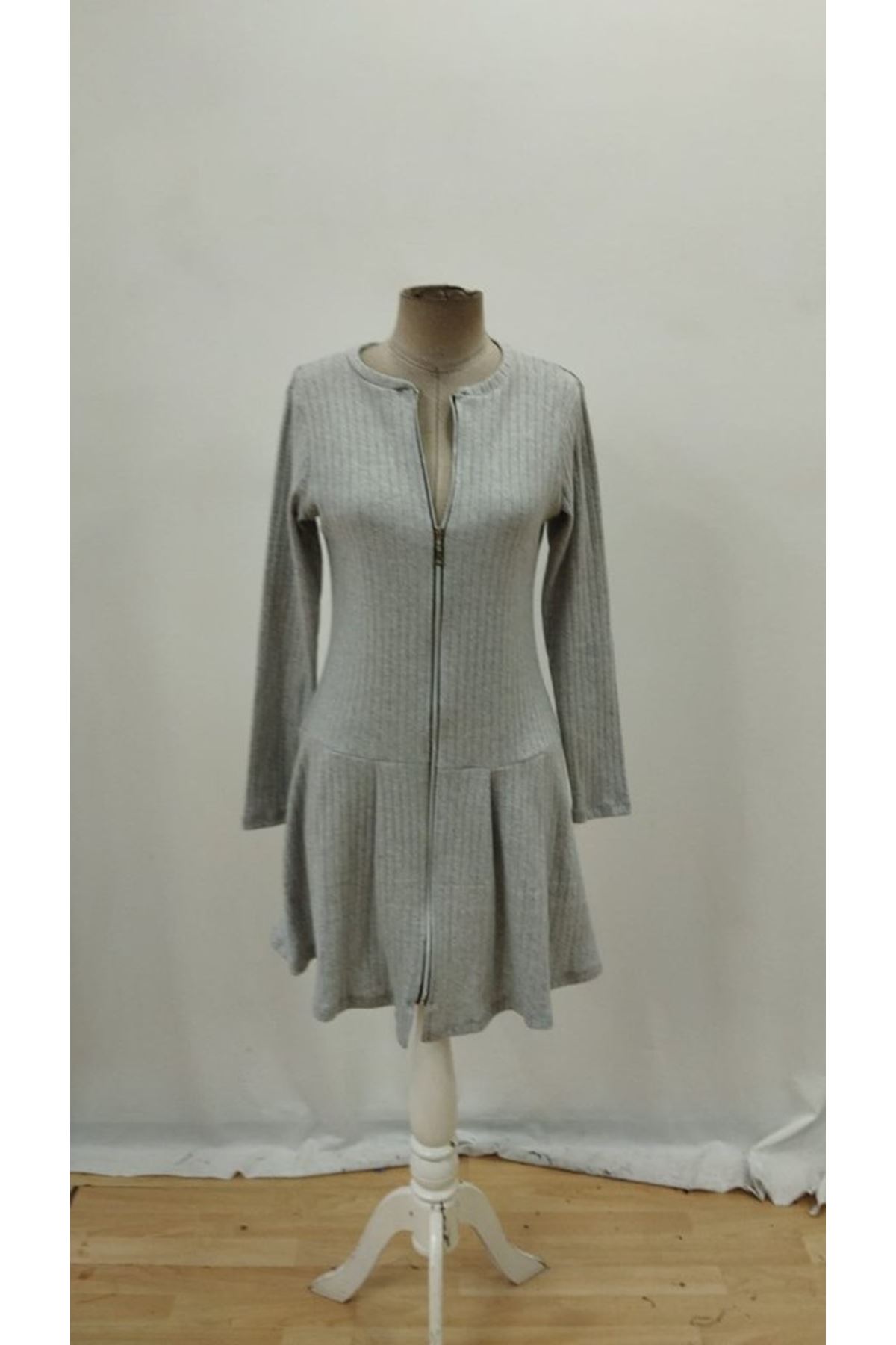 Kadın Uzun Kollu önden Fermuarlı Pileli şardonlu Kaşkorse Mini Elbise