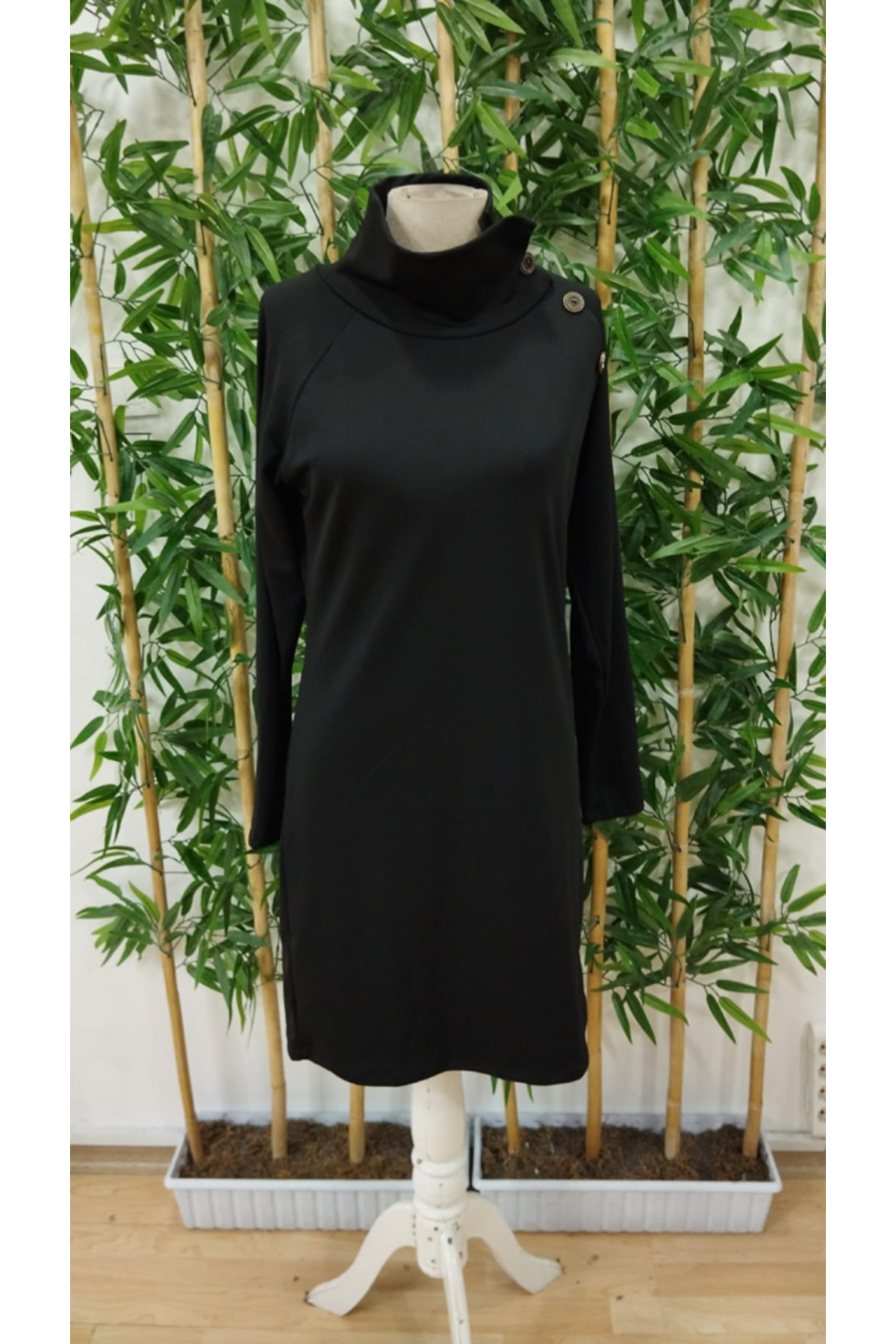 Kadın Uzun Kollu Balıkçı Yaka Düğme Detaylı Kısa şardonlu Dalgıç Elbise