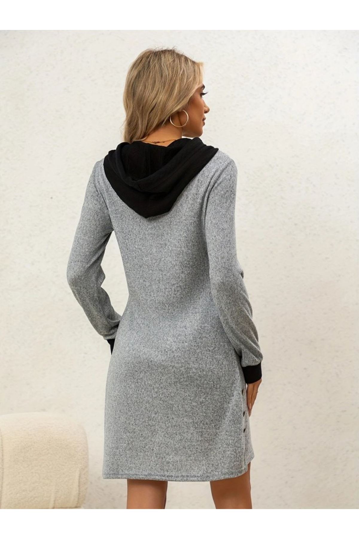 Kadın Uzun Kollu Kapşonlu önden Fermuarlı Düğmeli Mini Iki Iplik Elbise