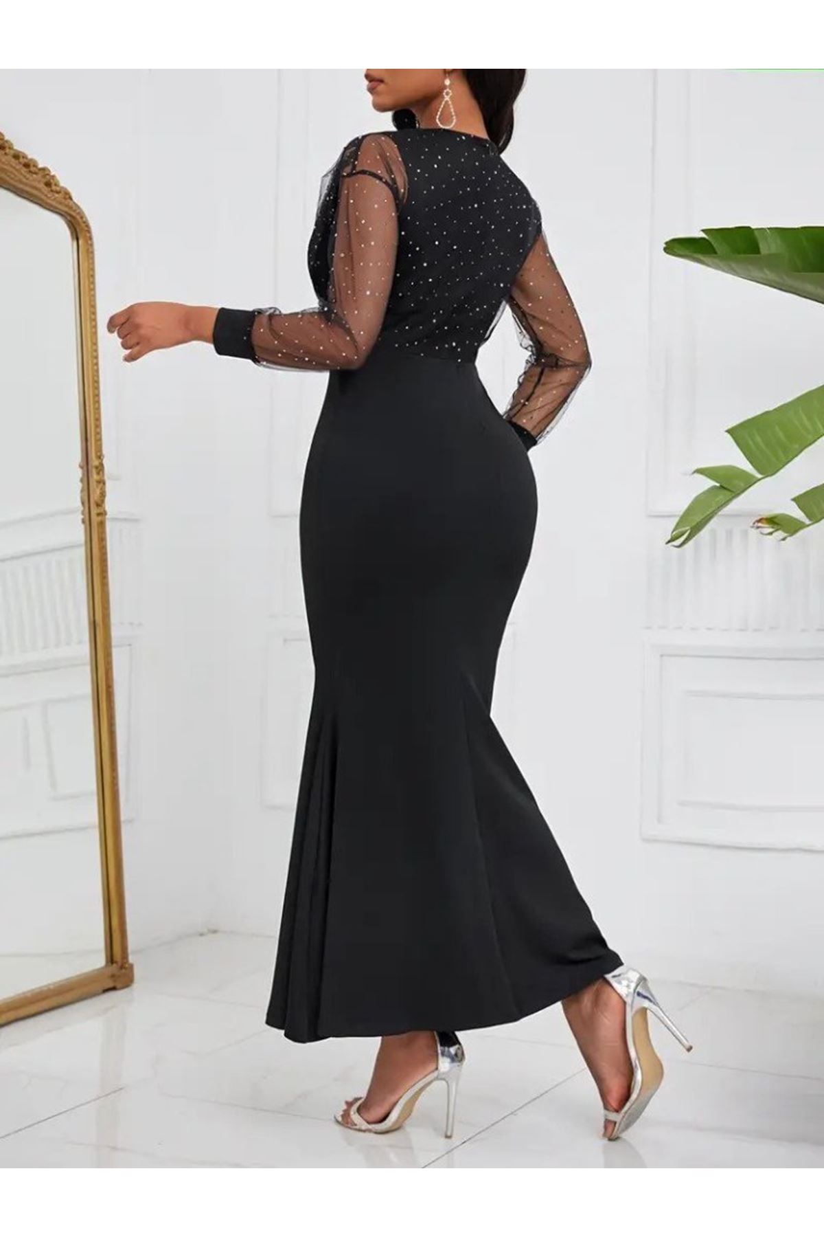 Kadın Uzun Kollu Kruvaze Yakalı Taş Ve Tül Detaylı Uzun Ithal Krep Elbise