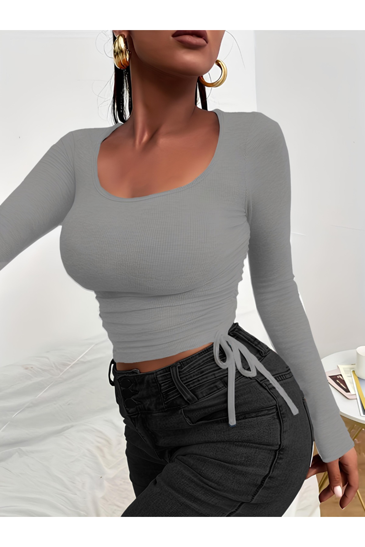 Kadın Uzun Kollu Yanlar Büzgü Detay Kaşkorse Crop