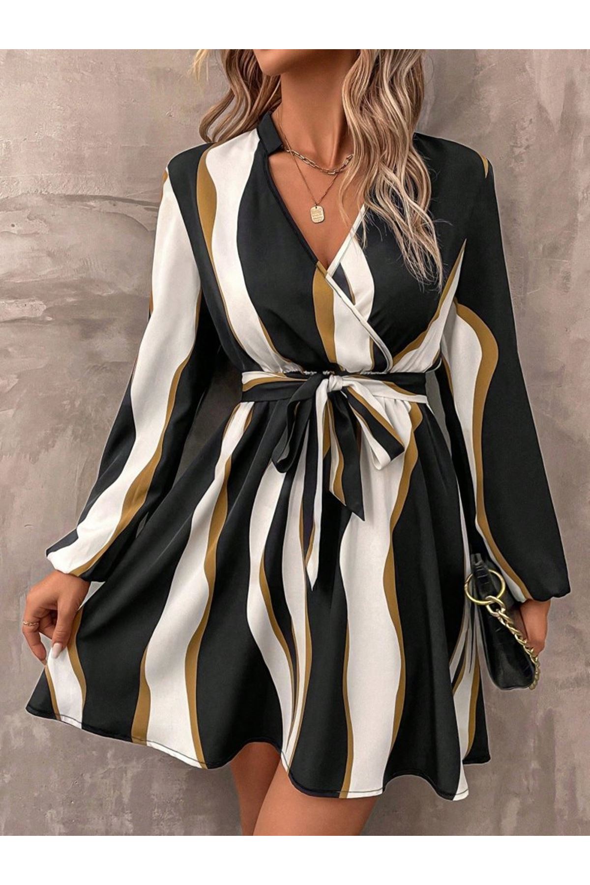 Kadın Uzun Kollu Kruvaze Yakalı Desenli Modal Mini Elbise