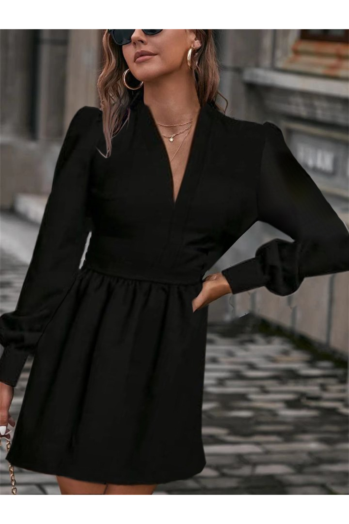 Kadın Uzun Kollu V Yaka Belden Hafif Pileli Scuba Krep Mini Boy Elbise