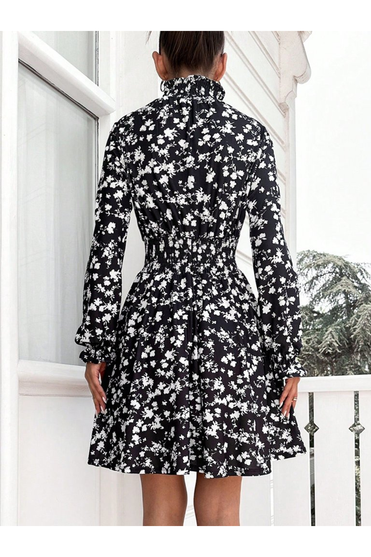 Kadın Uzun Kollu Balıkçı Yaka çiçek Baskılı Helen Kumaş Elbise