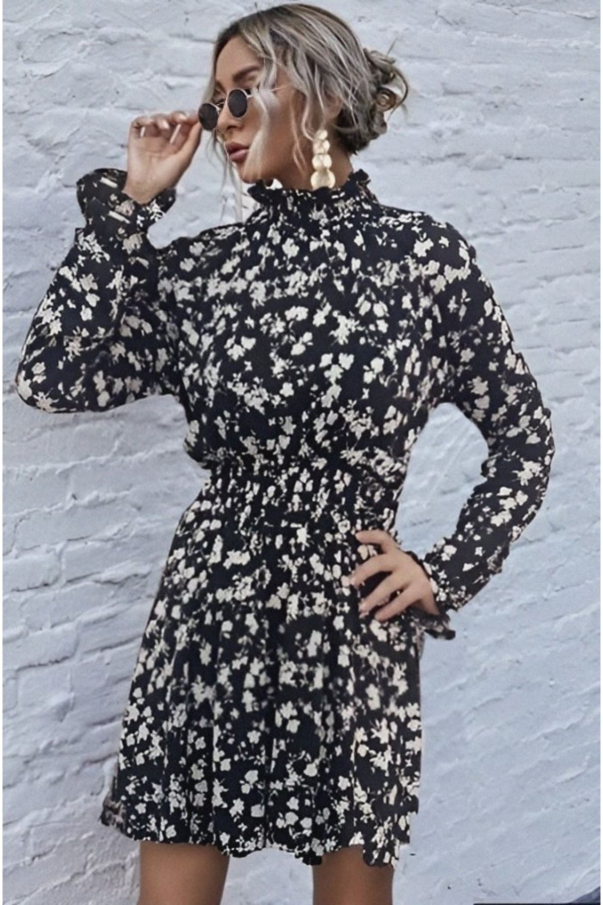 Kadın Uzun Kollu Balıkçı Yaka çiçek Baskılı Helen Kumaş Elbise