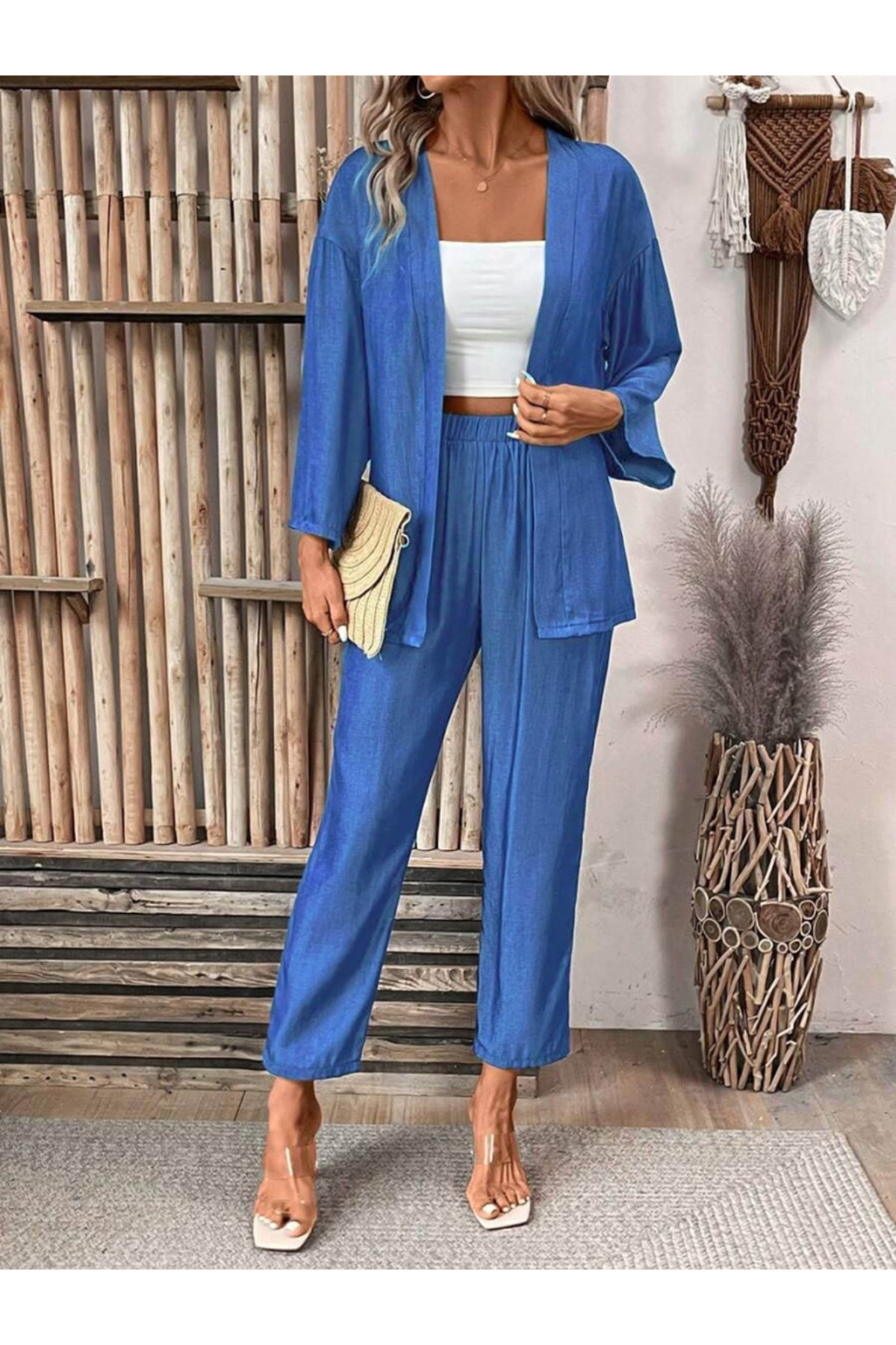 Kadın Uzun Kollu önü Açık Dokuma Ceket Ve Pantolon Ikili Takım