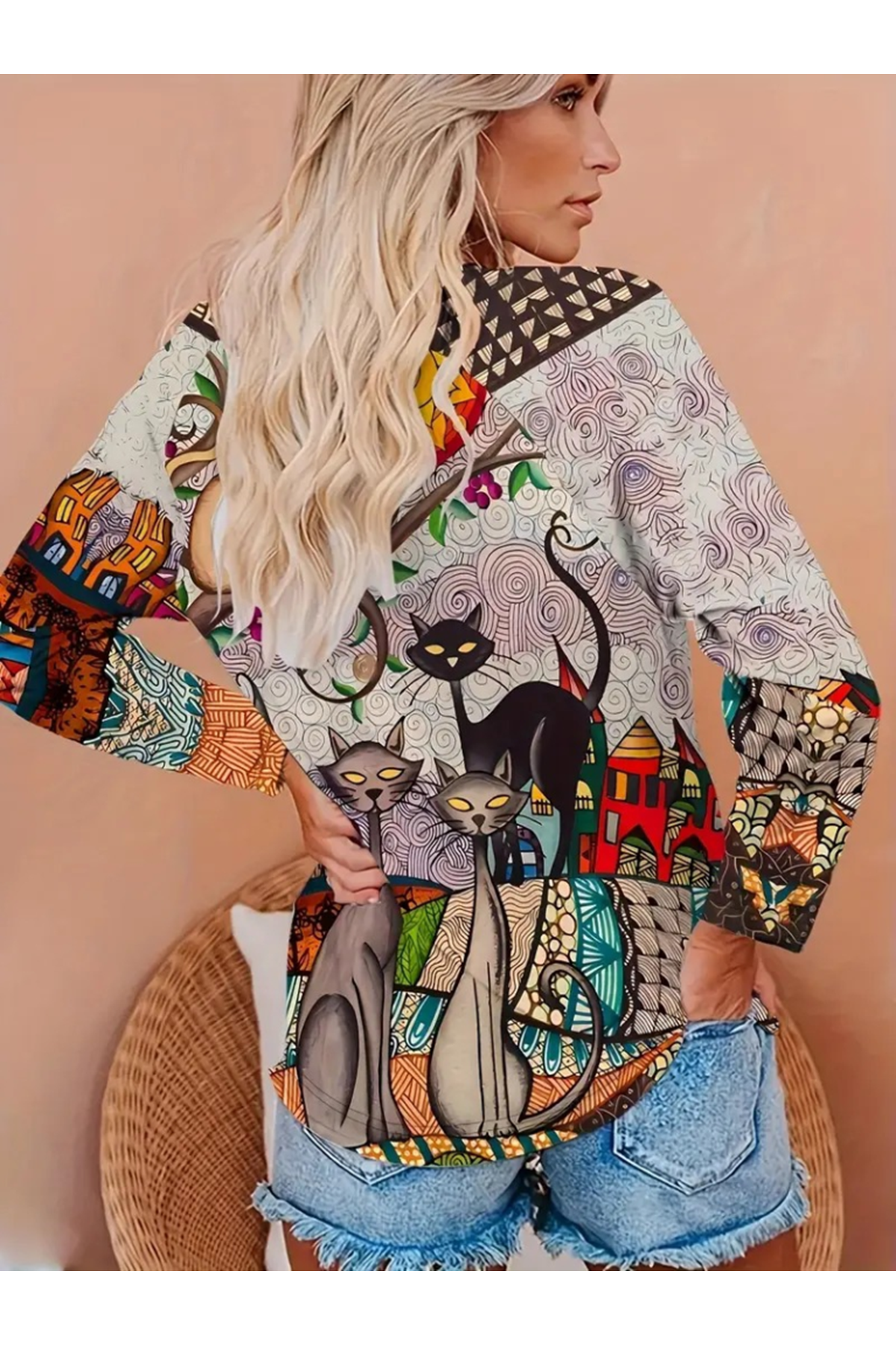 Kadın Uzun Kollu Bisiklet Yaka Kedi Baskılı Süprem Bluz