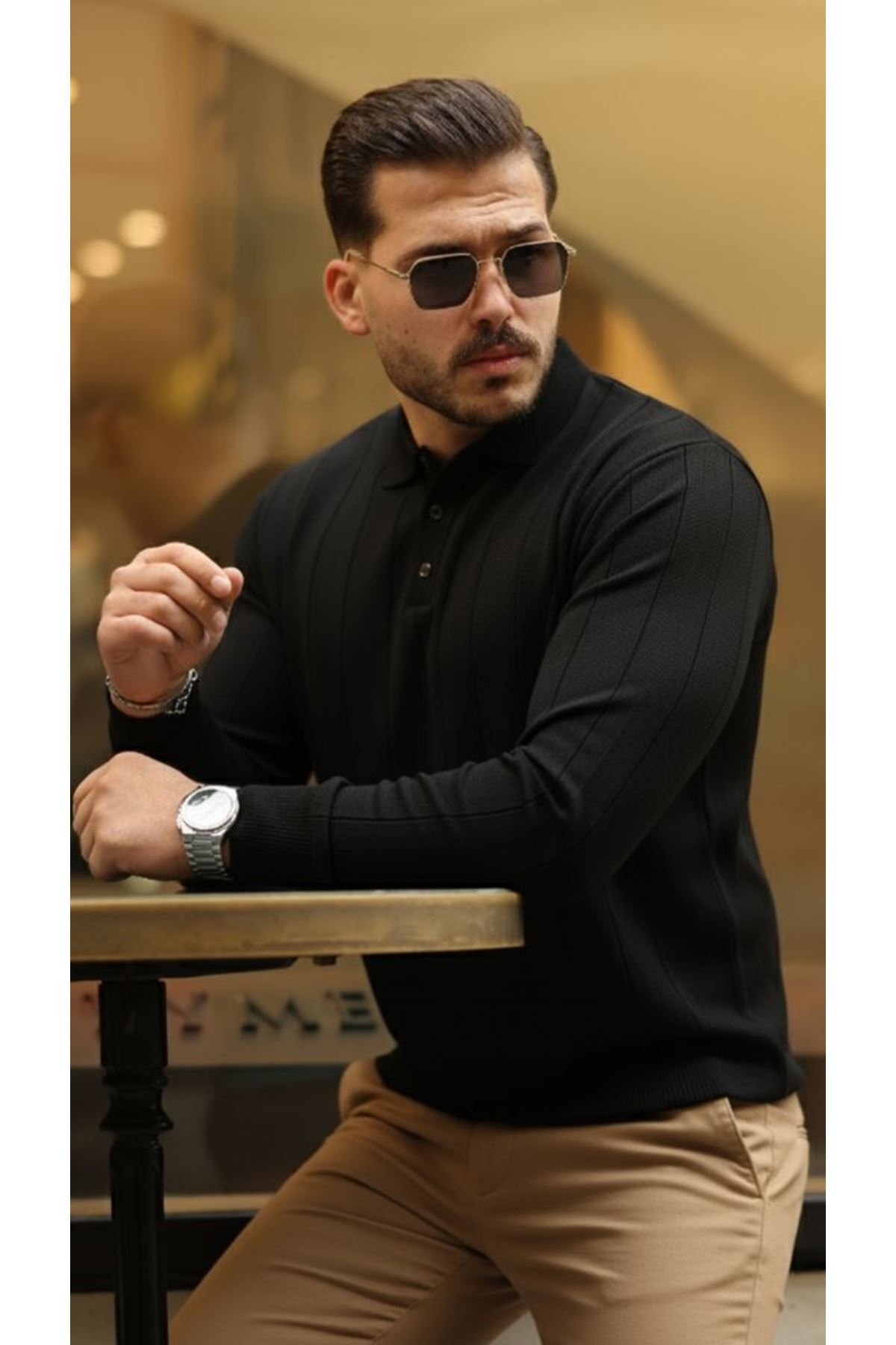 Erkek Düğmeli Yaka çizgi Dokulu Uzun Kollu Triko