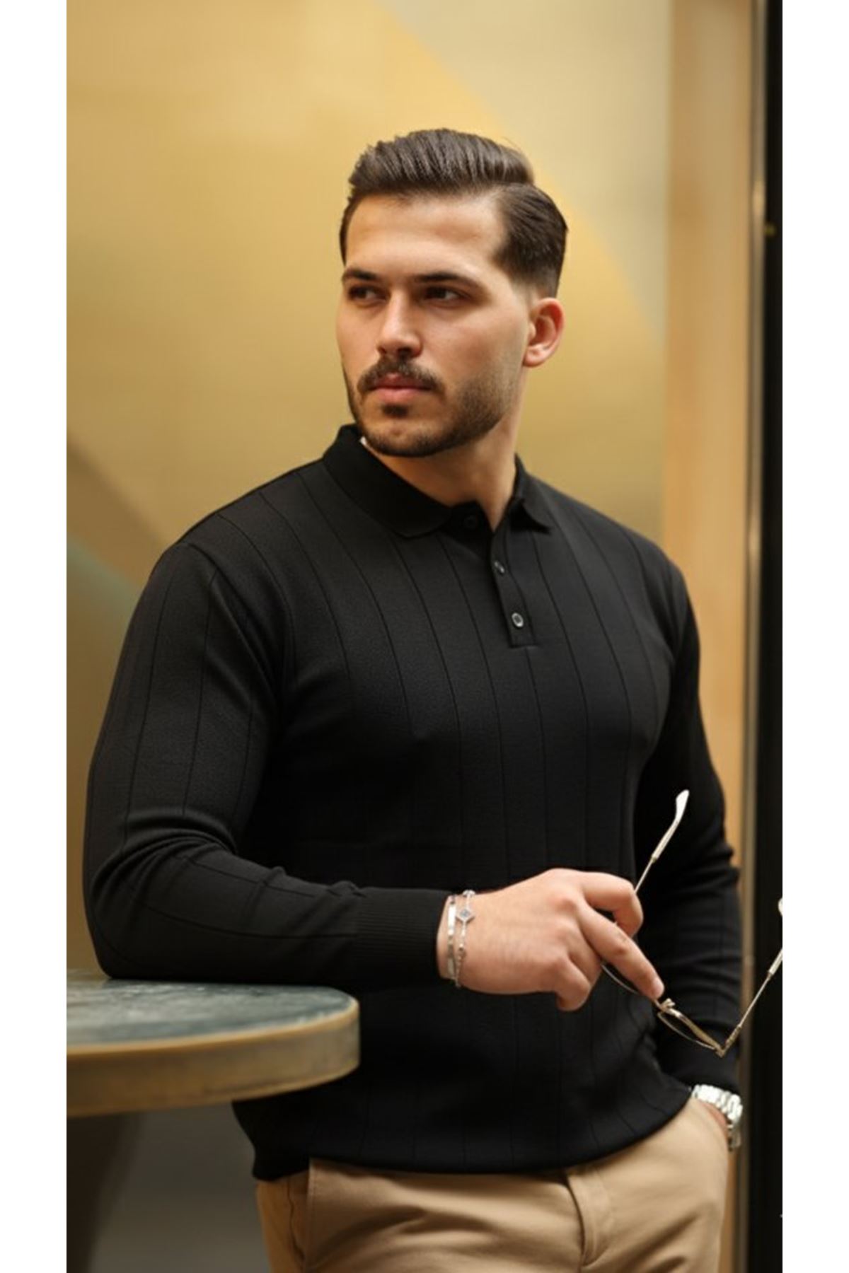 Erkek Düğmeli Yaka çizgi Dokulu Uzun Kollu Triko