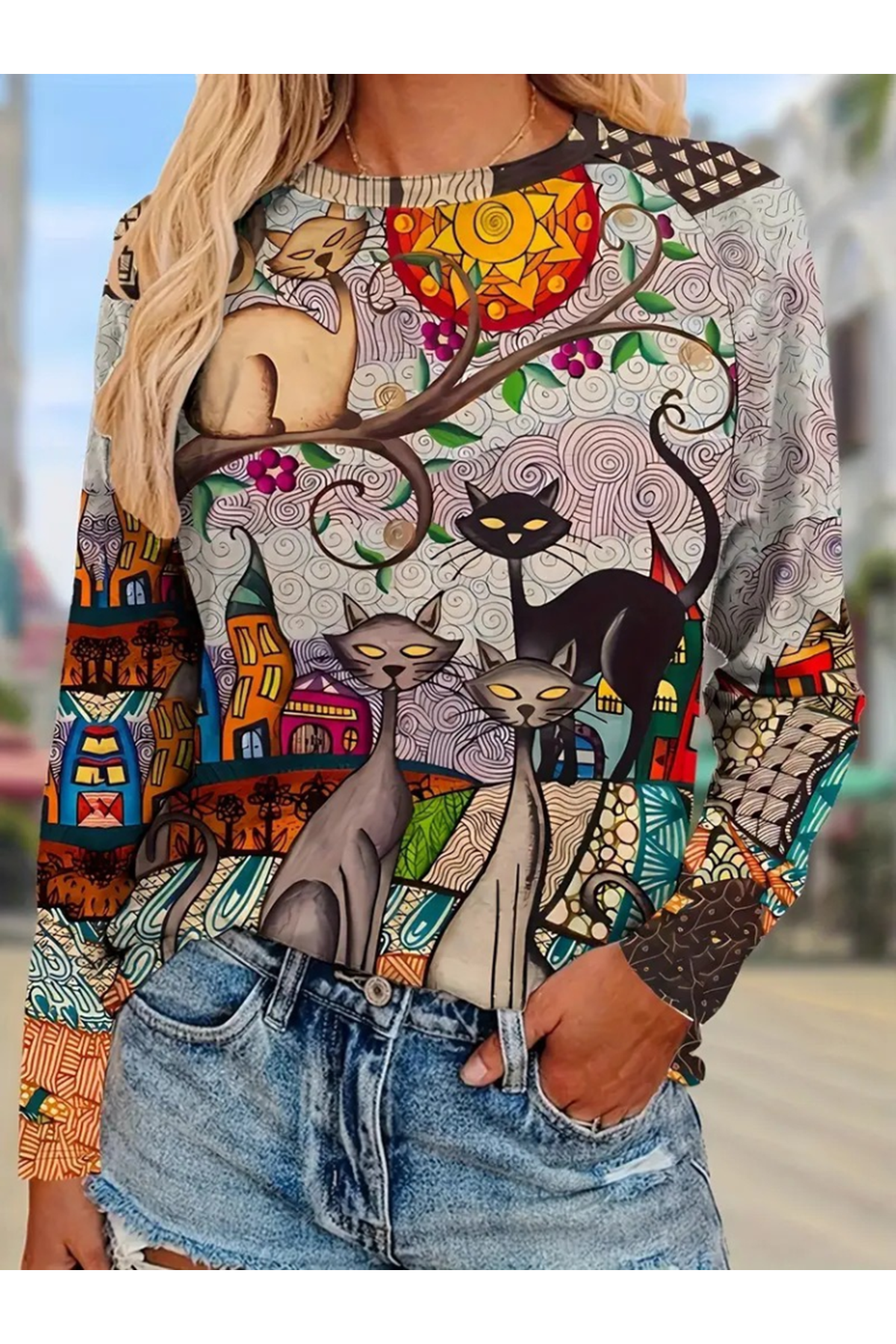 Kadın Uzun Kollu Bisiklet Yaka Kedi Baskılı Süprem Bluz
