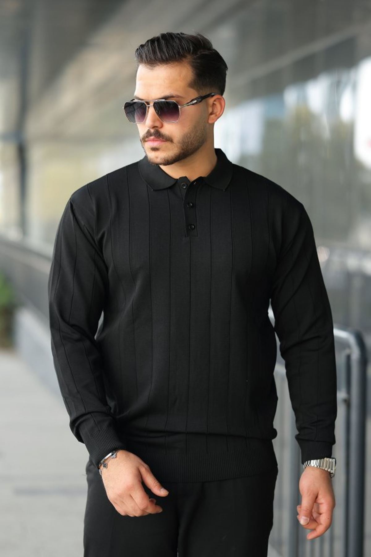 Erkek Düğmeli Yaka çizgi Dokulu Uzun Kollu Triko