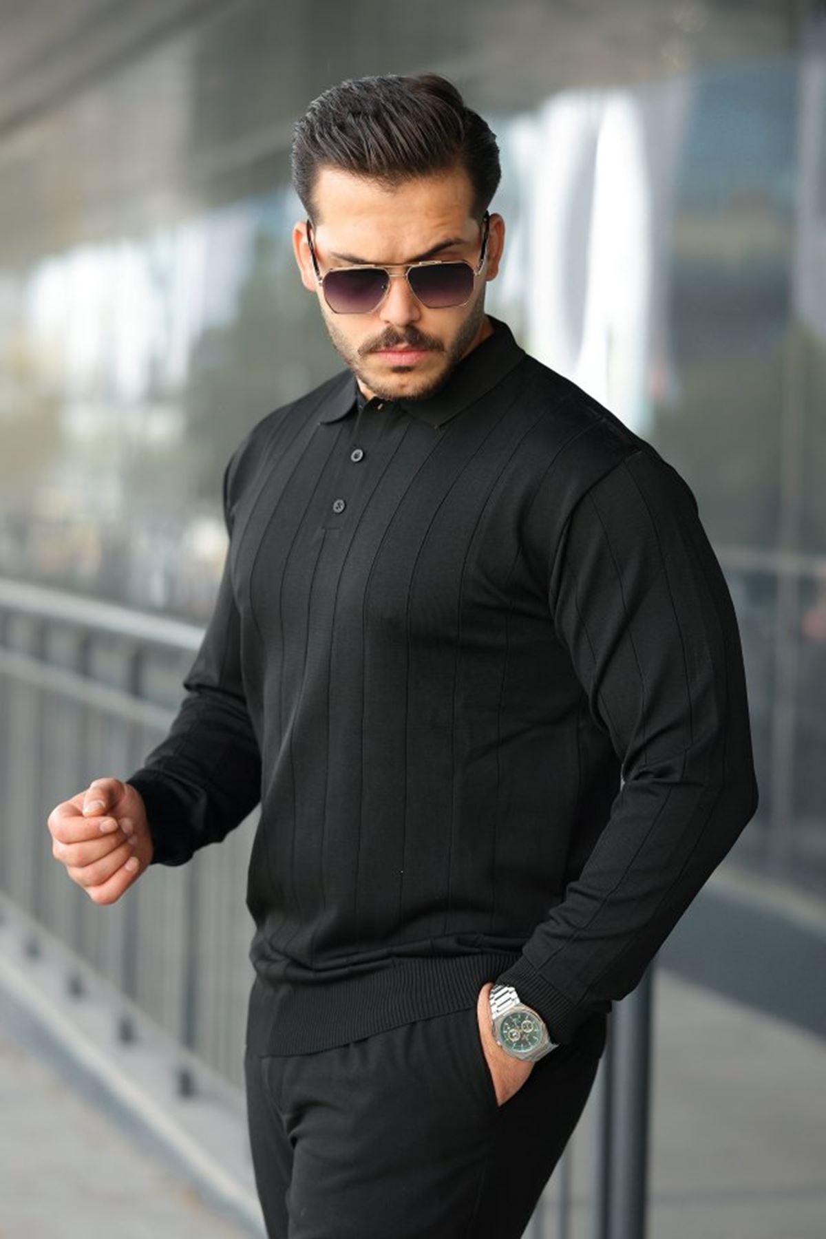 Erkek Düğmeli Yaka çizgi Dokulu Uzun Kollu Triko