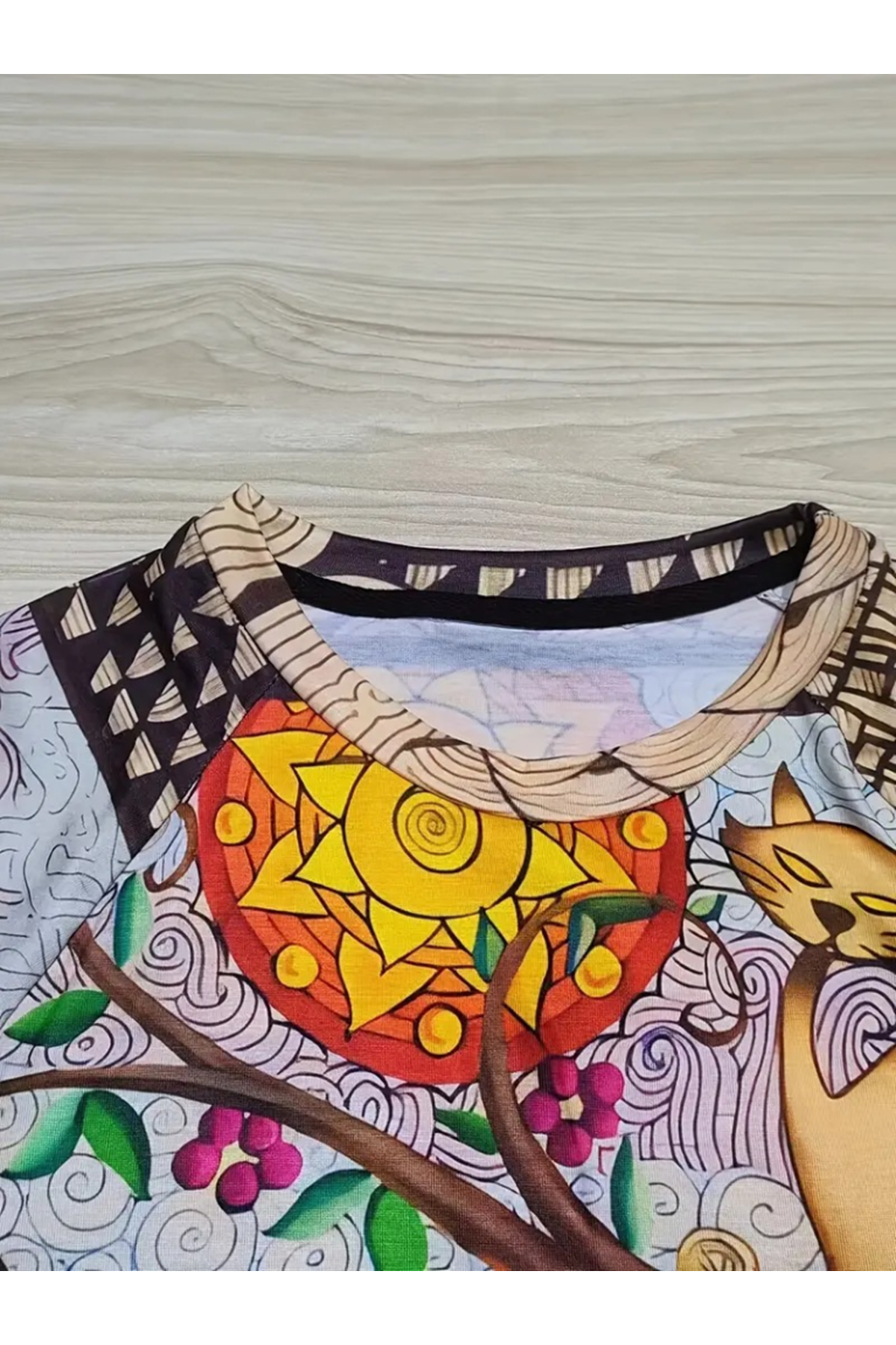 Kadın Uzun Kollu Bisiklet Yaka Kedi Baskılı Süprem Bluz