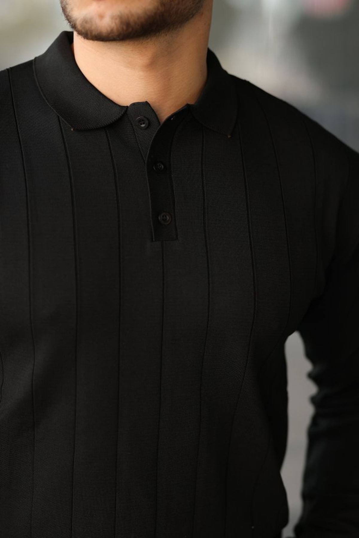 Erkek Düğmeli Yaka çizgi Dokulu Uzun Kollu Triko