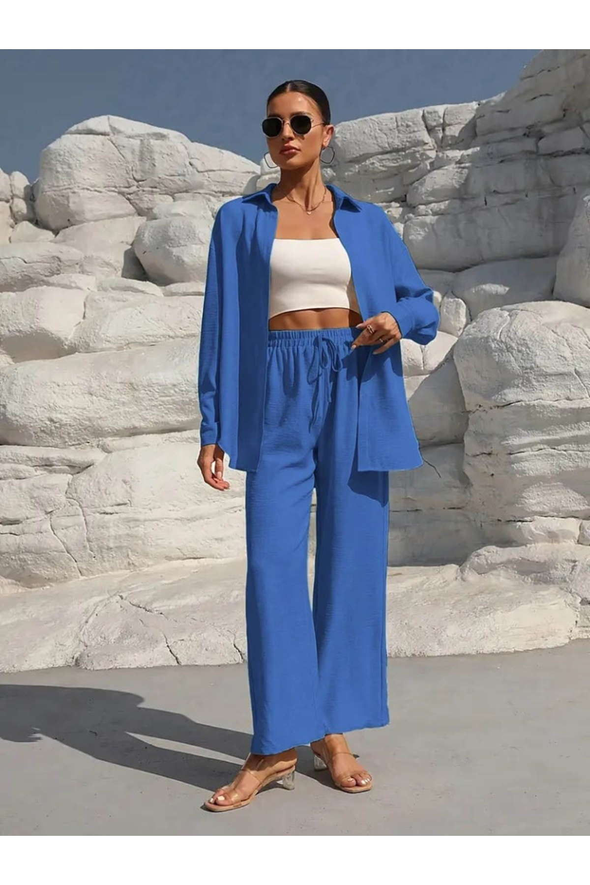 Kadın Uzun Kollu önü Açık Dokuma Ceket Ve Pantolon Ikili Takım