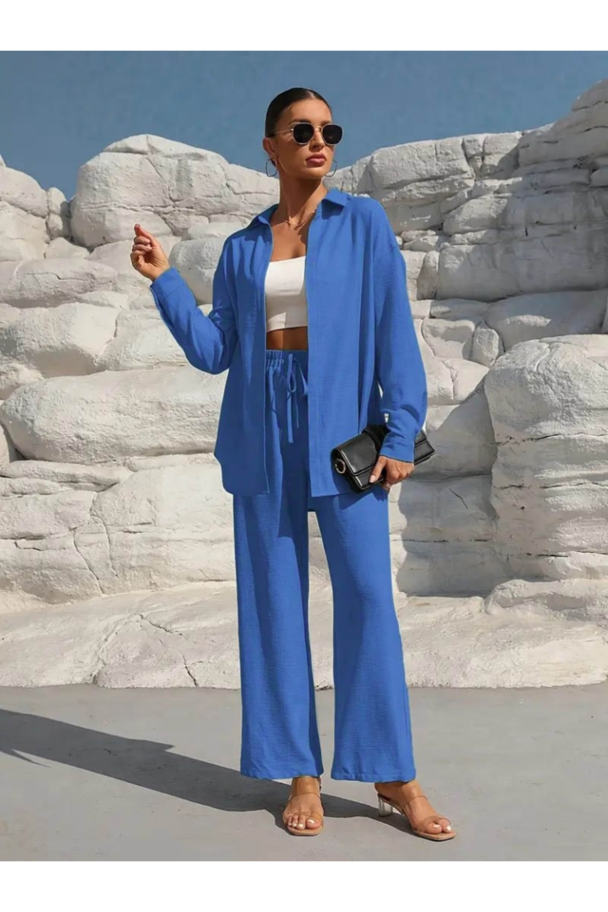 Kadın Uzun Kollu önü Açık Dokuma Ceket Ve Pantolon Ikili Takım