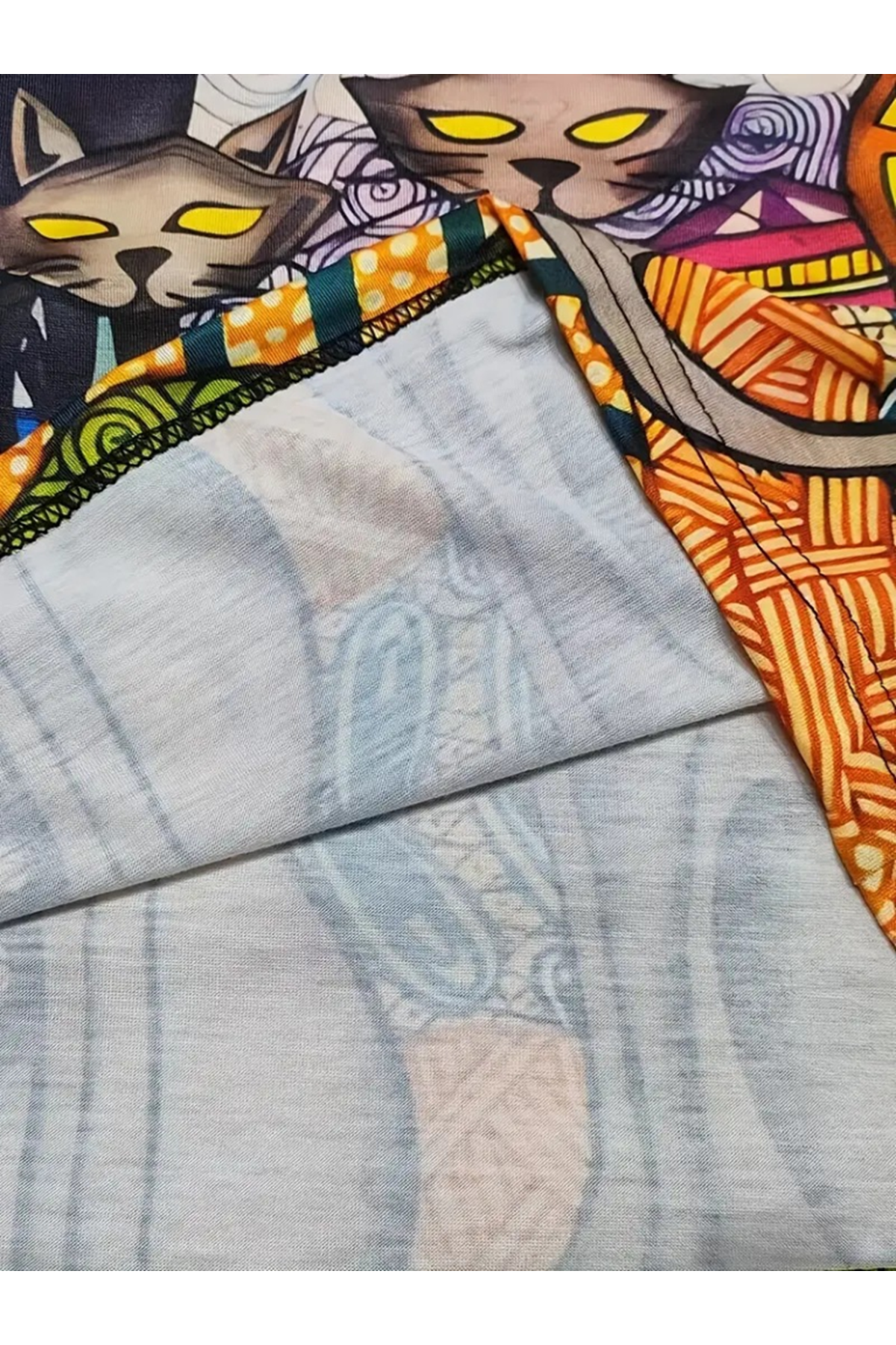 Kadın Uzun Kollu Bisiklet Yaka Kedi Baskılı Süprem Bluz