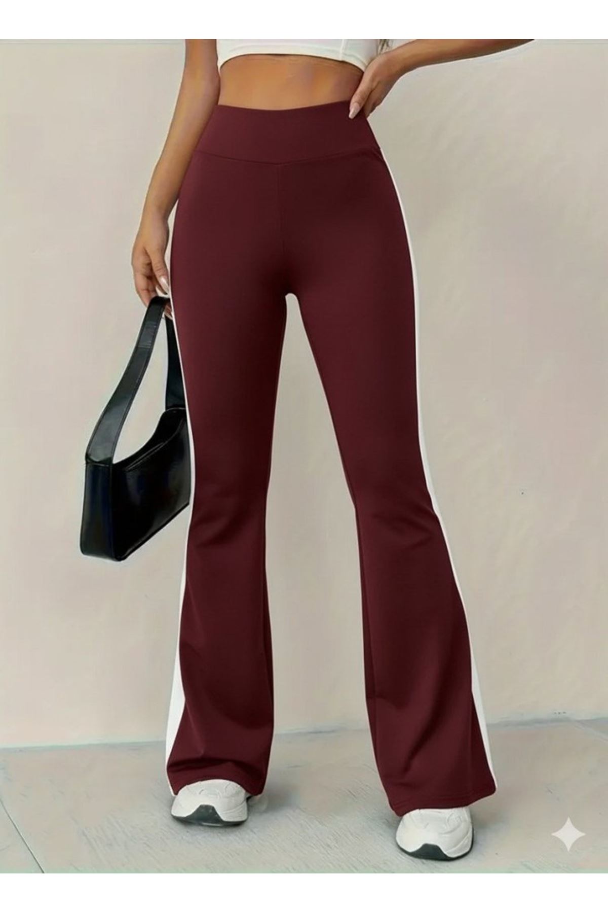 Kadın Yüksek Bel İspanyol Paçalı Yanlardan şerit Detaylı Dalgıç Tayt Pantolon