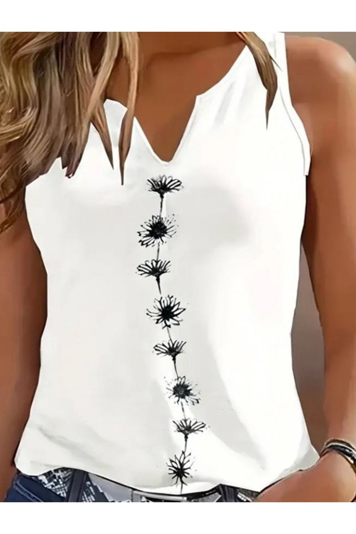 Kadın Askılı Kolsuz Desenli Bluz