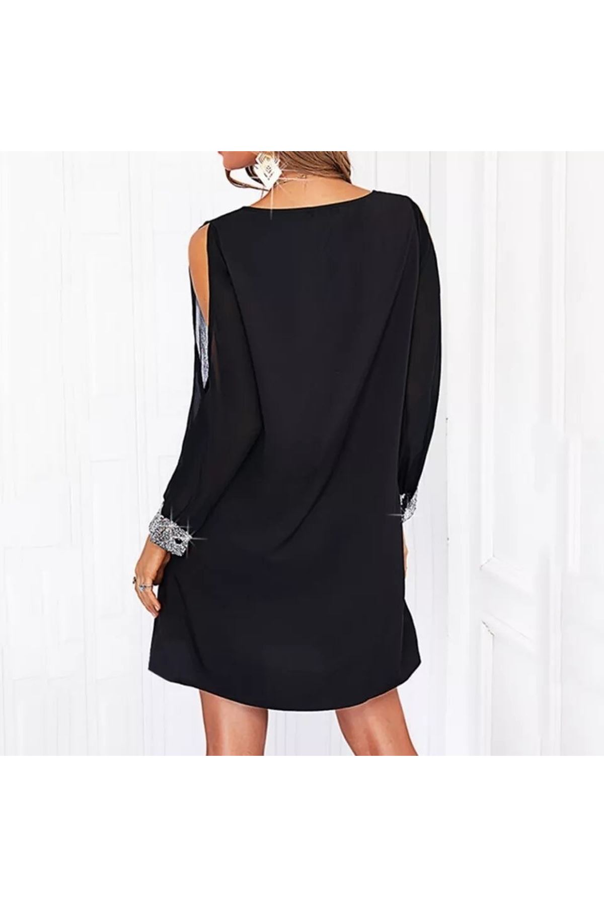 Kadın Uzun Kollu V Yaka Kollar Tül Yırtmaç Detay Kol Manşetleri Ve Yaka Payet Krep Elbise