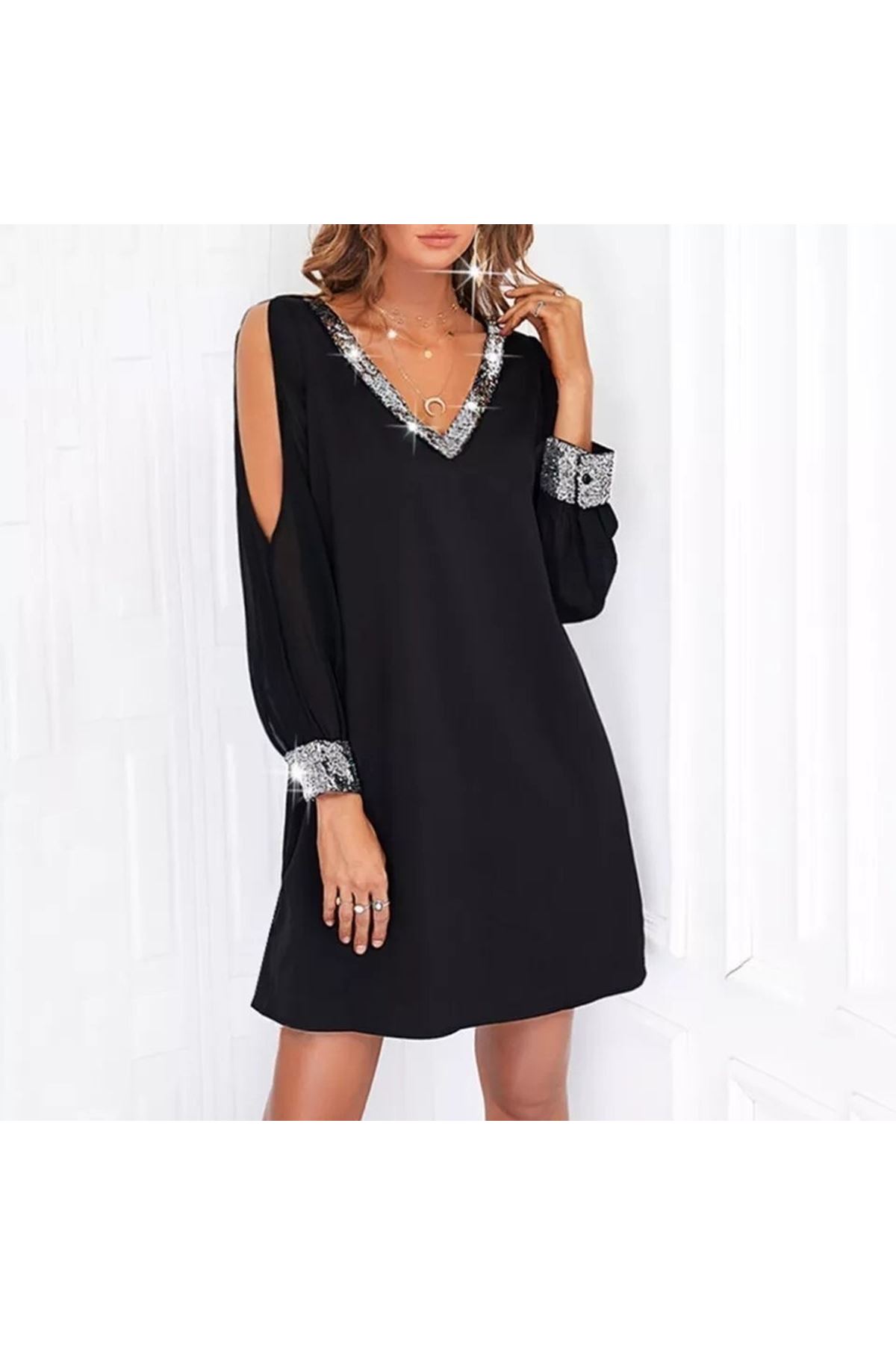 Kadın Uzun Kollu V Yaka Kollar Tül Yırtmaç Detay Kol Manşetleri Ve Yaka Payet Krep Elbise