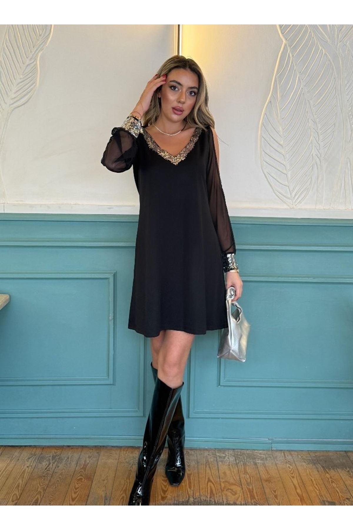 Kadın Uzun Kollu V Yaka Kollar Tül Yırtmaç Detay Kol Manşetleri Ve Yaka Payet Krep Elbise