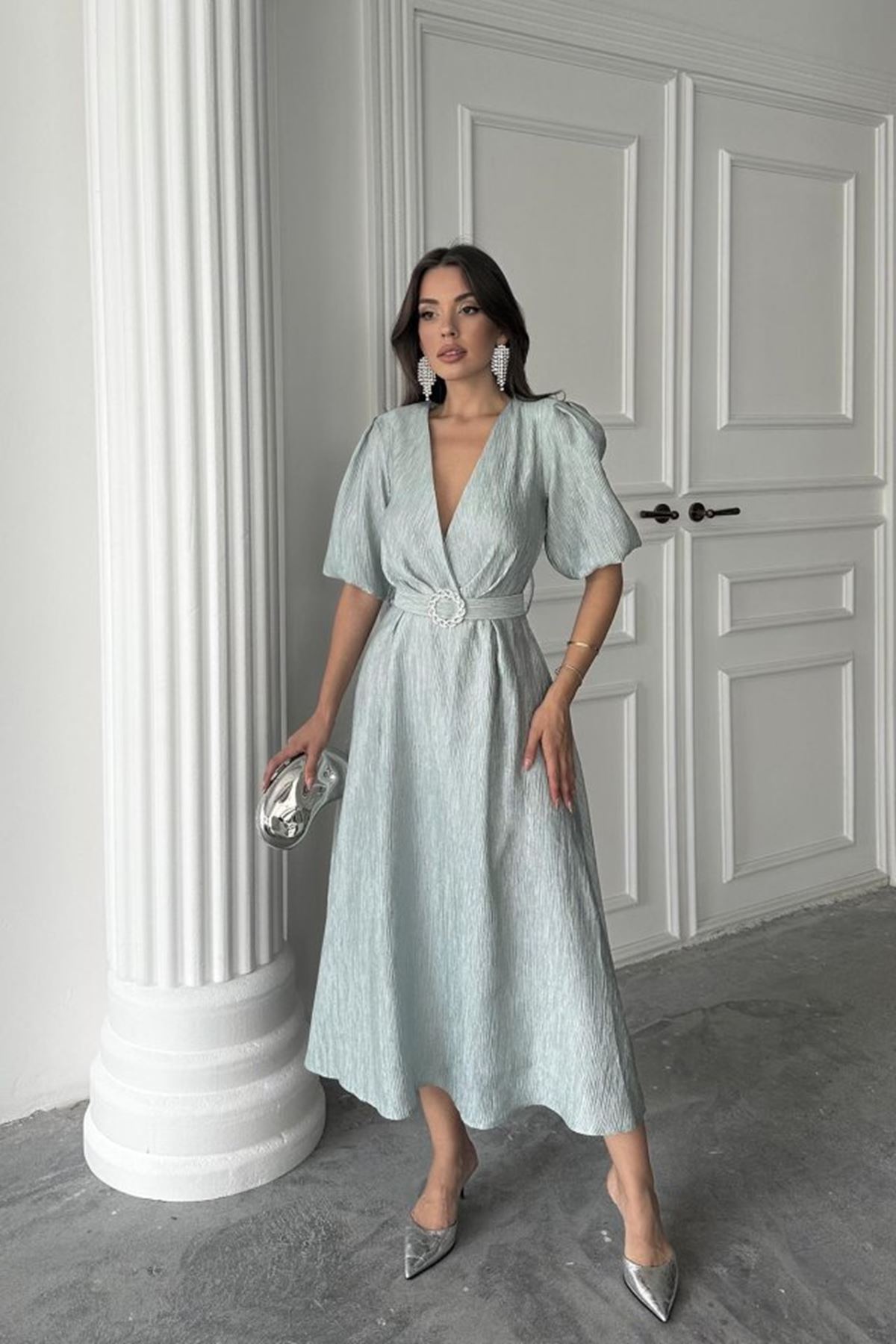 Mint Işıltılı Kemerli Kruvaze Elbise