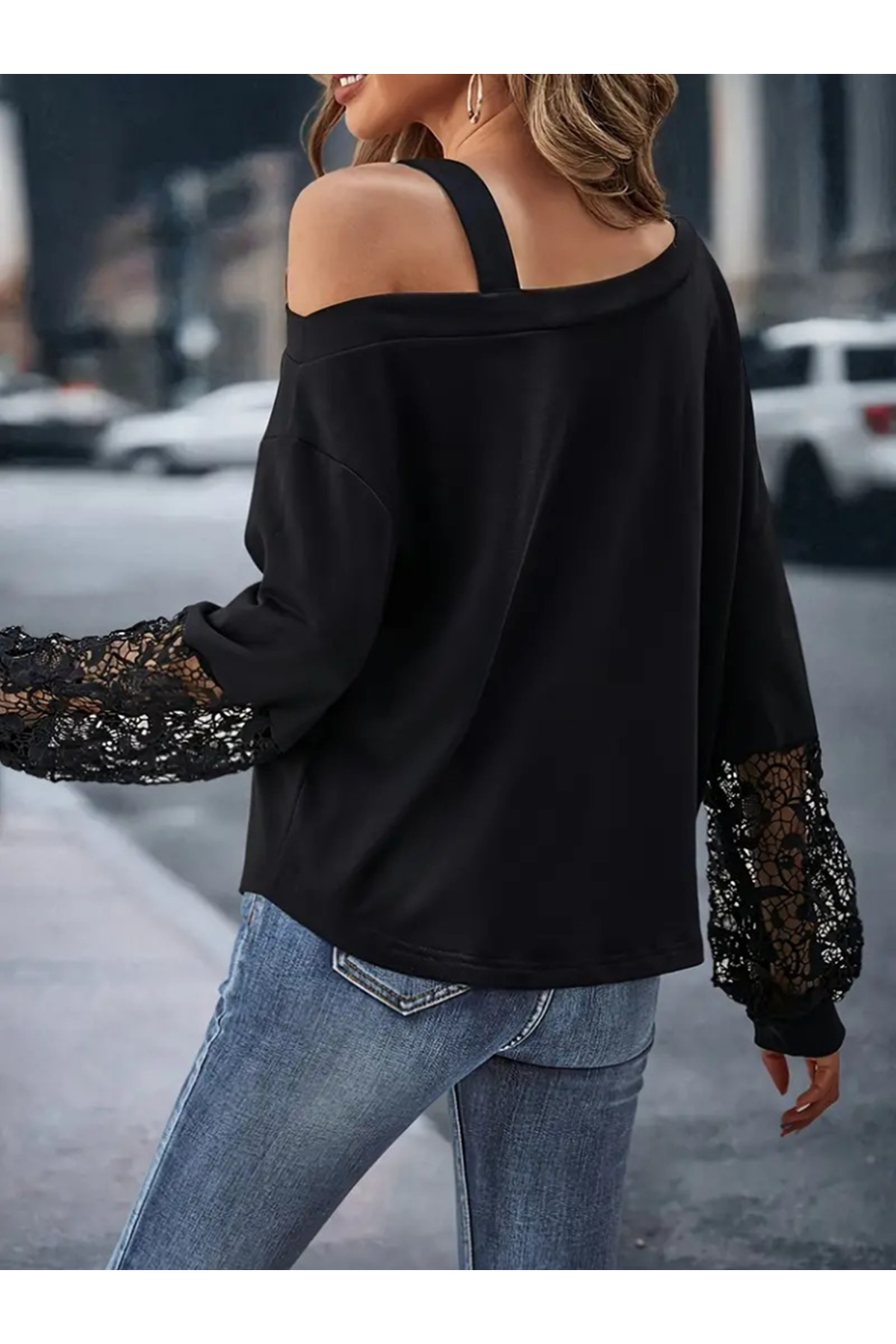 Kadın Uzun Kollu Tek Omuzu Açık Dantelli Viskon Iki Iplik Bluz