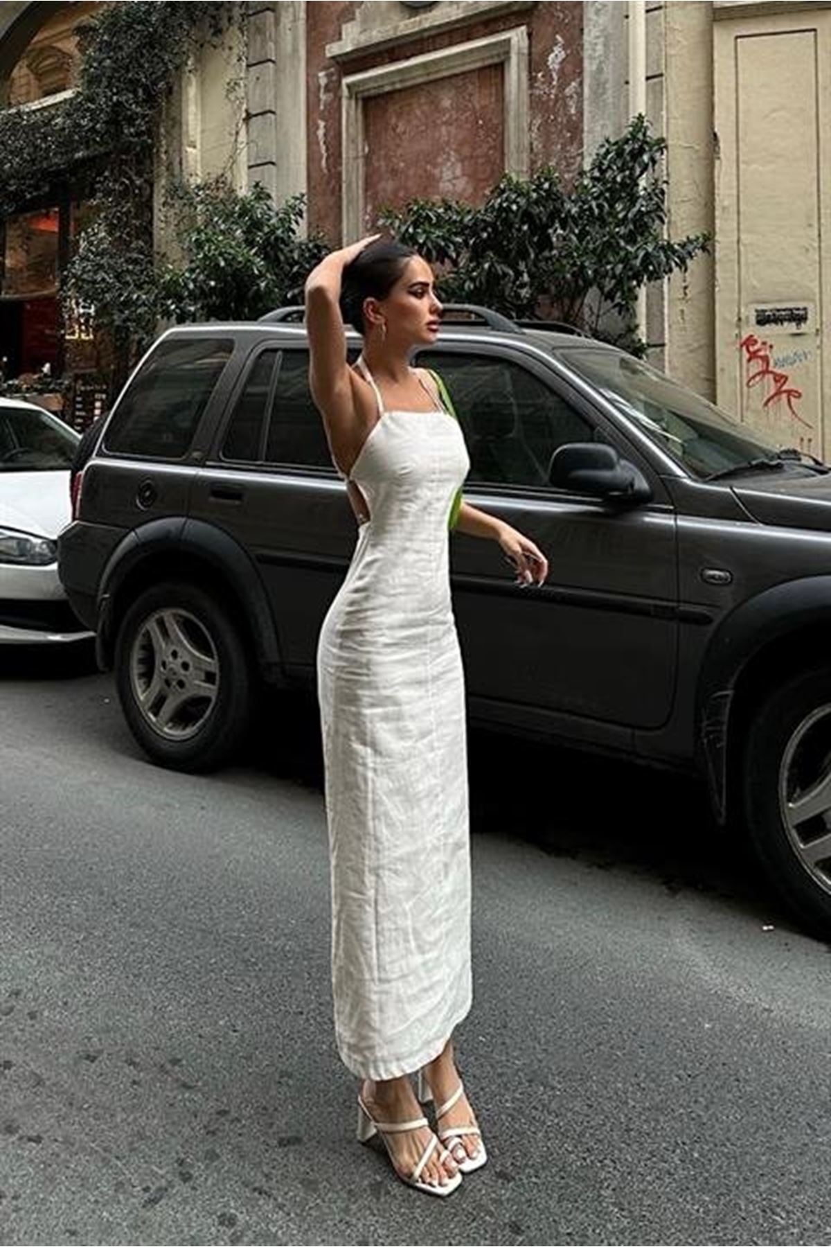 Trisha Sırt Dekolteli Keten Elbise 2496-20 ELBİSE