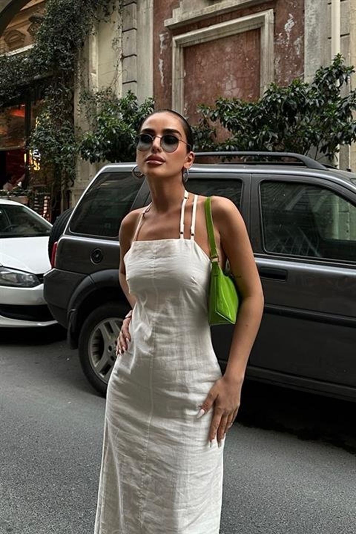 Trisha Sırt Dekolteli Keten Elbise 2496-20 ELBİSE