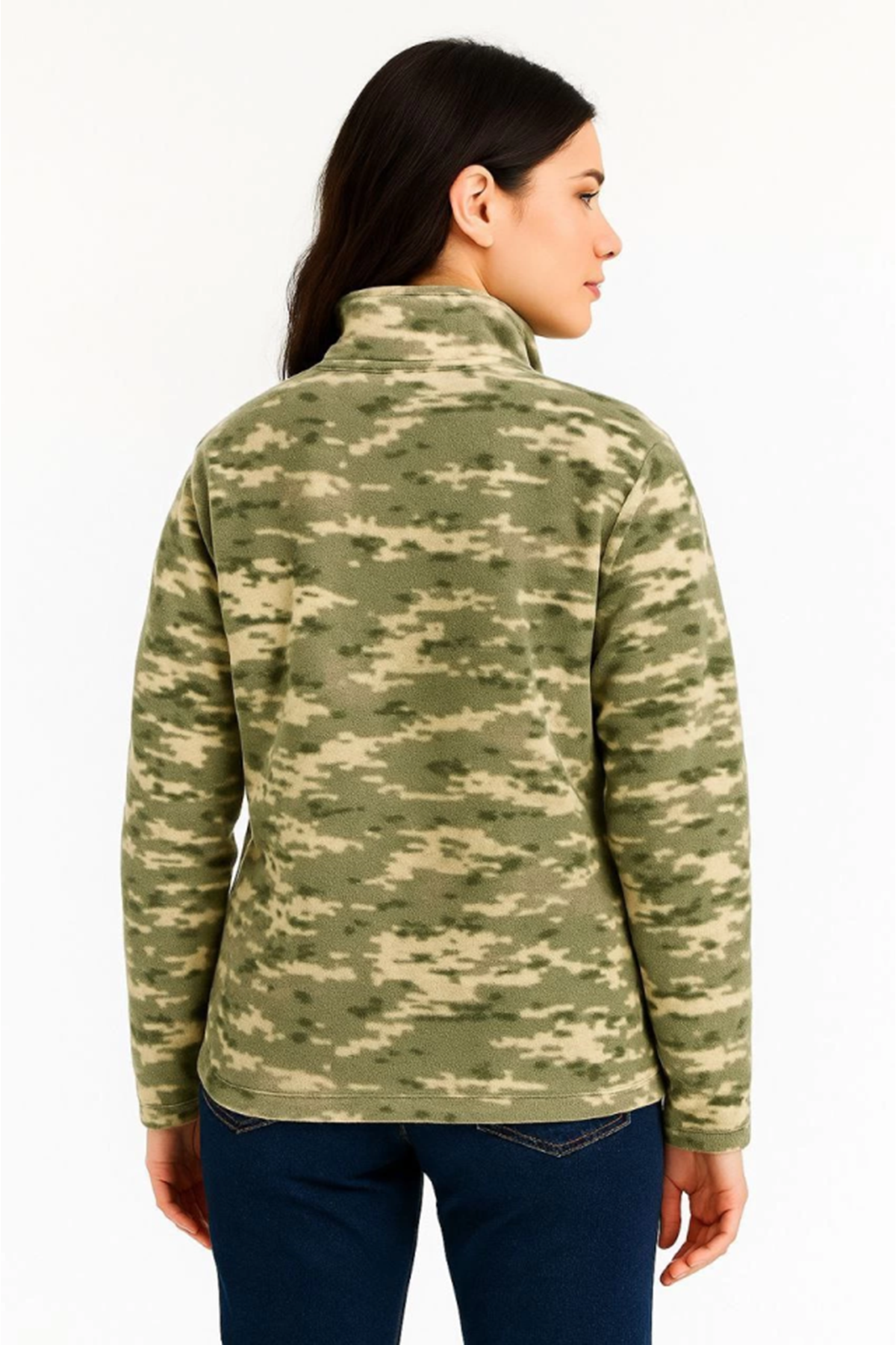 Yarım Fermuarlı Desenli Polar Sweat – Haki Kamuflaj Yakalı, Uzun Kollu, Oversize Rahat Kalıp - Haki