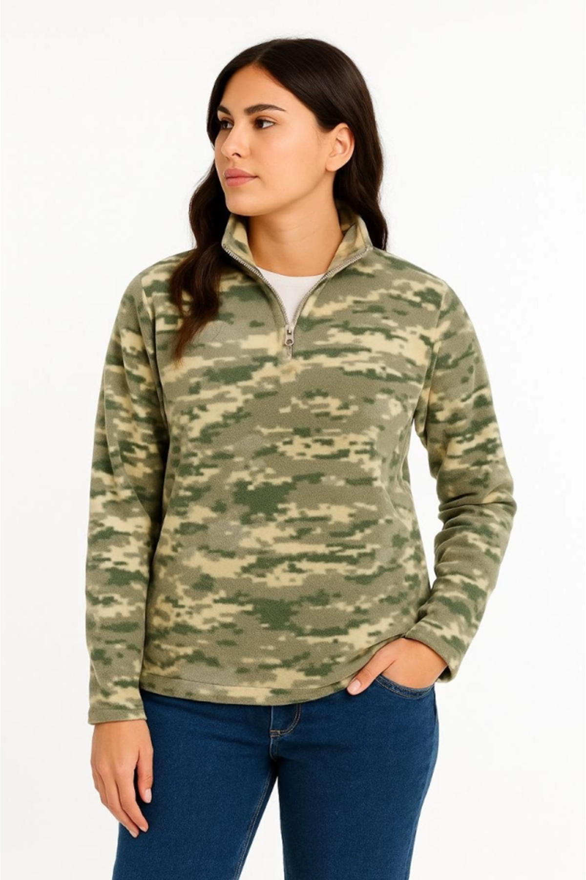 Yarım Fermuarlı Desenli Polar Sweat – Haki Kamuflaj Yakalı, Uzun Kollu, Oversize Rahat Kalıp - Haki