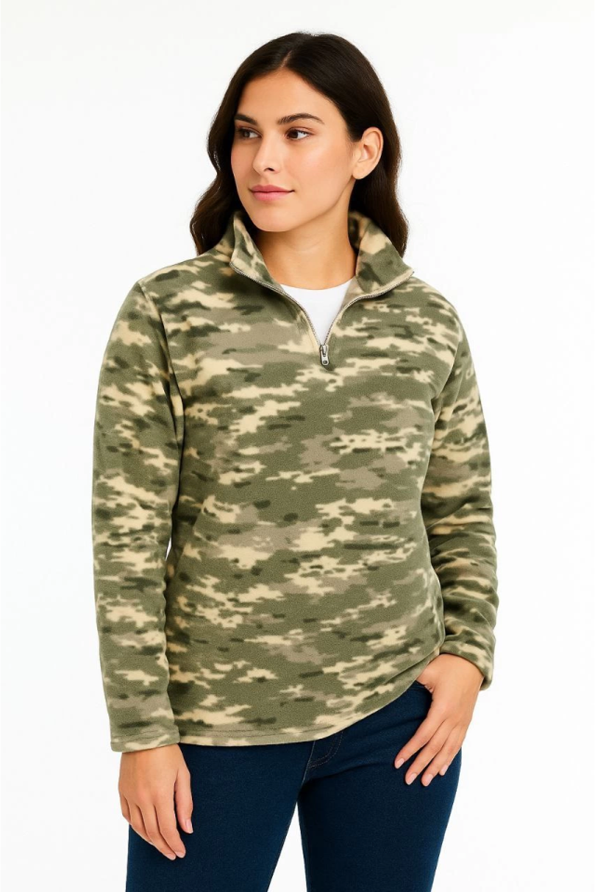 Yarım Fermuarlı Desenli Polar Sweat – Haki Kamuflaj Yakalı, Uzun Kollu, Oversize Rahat Kalıp - Haki
