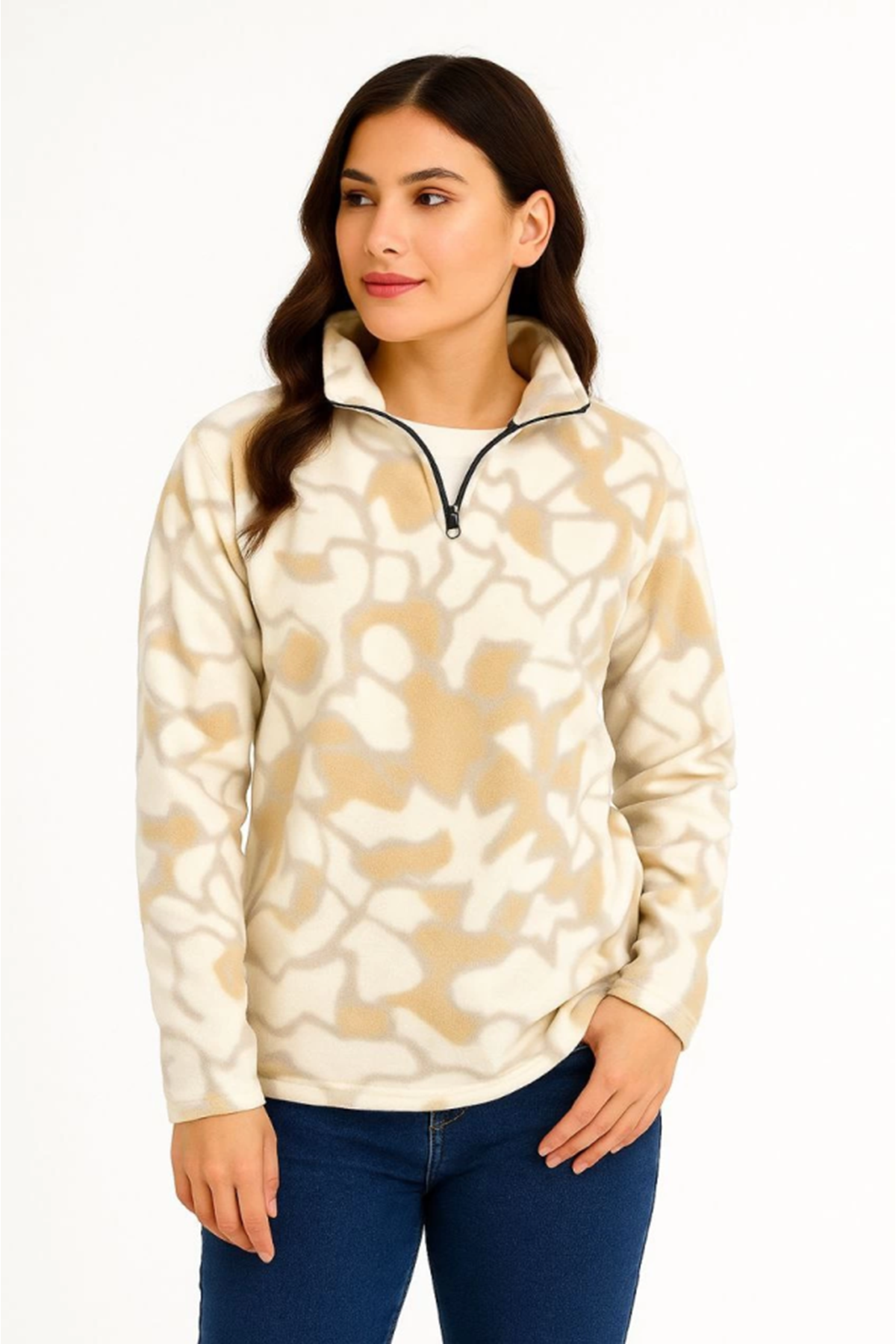 KADIN Yarım Fermuarlı Desenli Polar Sweat Yakalı, Uzun Kollu, Oversize Rahat Kalıp - Bej